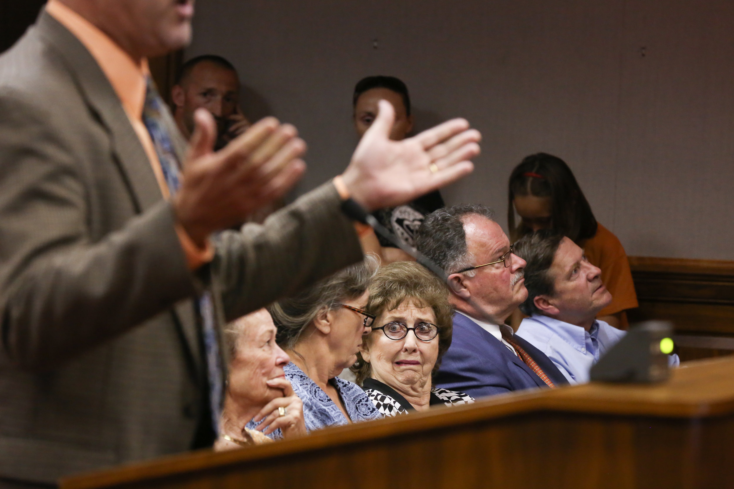  Raceway opponent Joyce Ackerman reacts to supporter Edwin Purdue during a public hearing in Spotsylvania County 