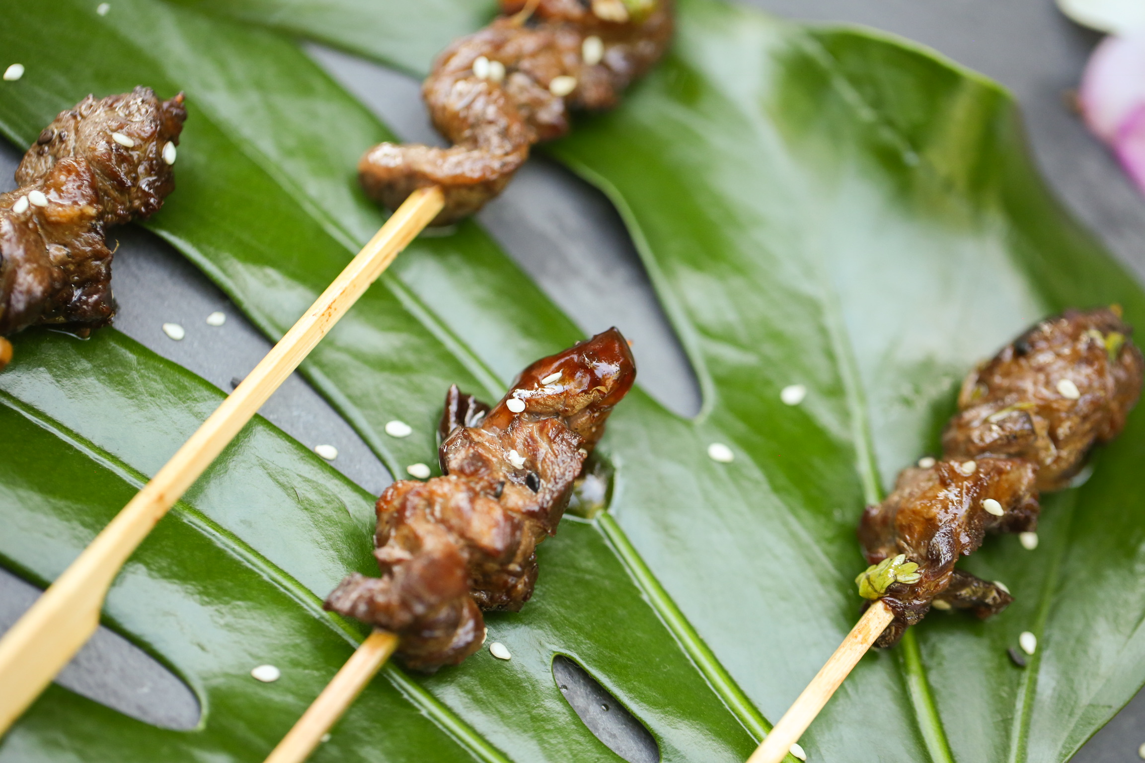  Skewered Beef Rolls with Spring Onion Soy &amp; Roasted Sesame 