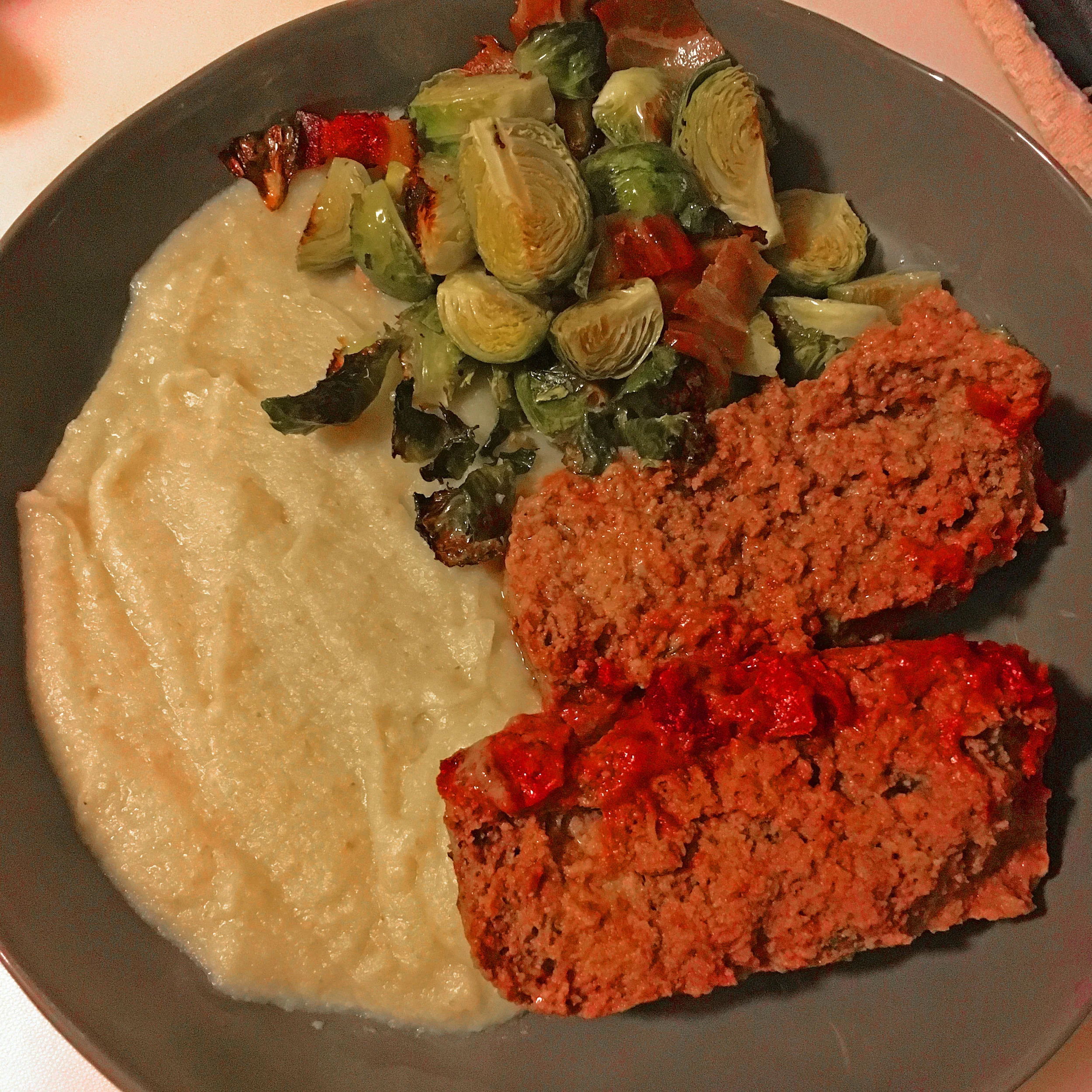 Meatloaf with Bacon Roasted Brussels Sprouts and Root Vegetable Mash