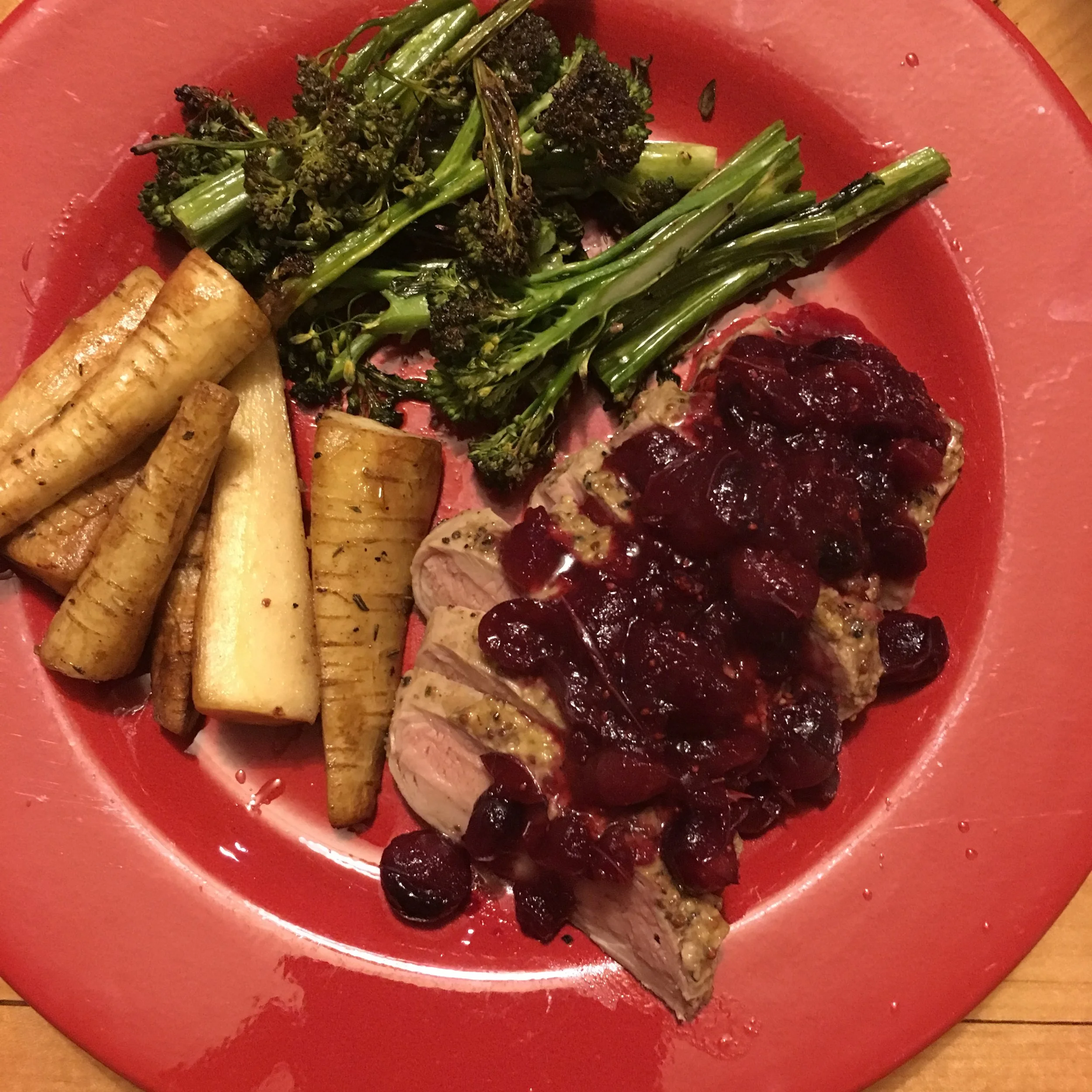 Pork Tenderloin w/ Spiced Cranberry Sauce & Roasted Root Vegetables