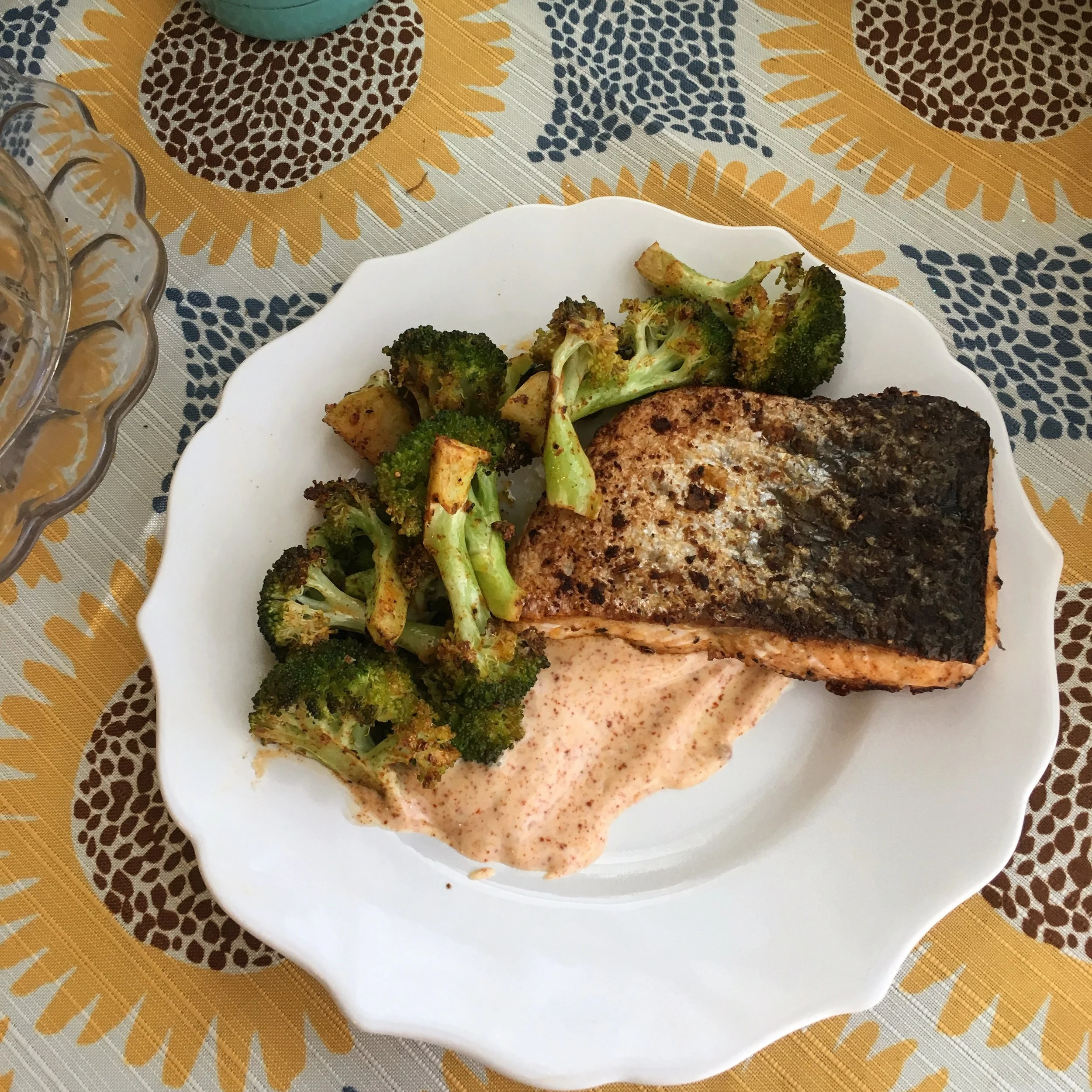 Salmon w/ Harissa Broccoli & Moroccan Aioli