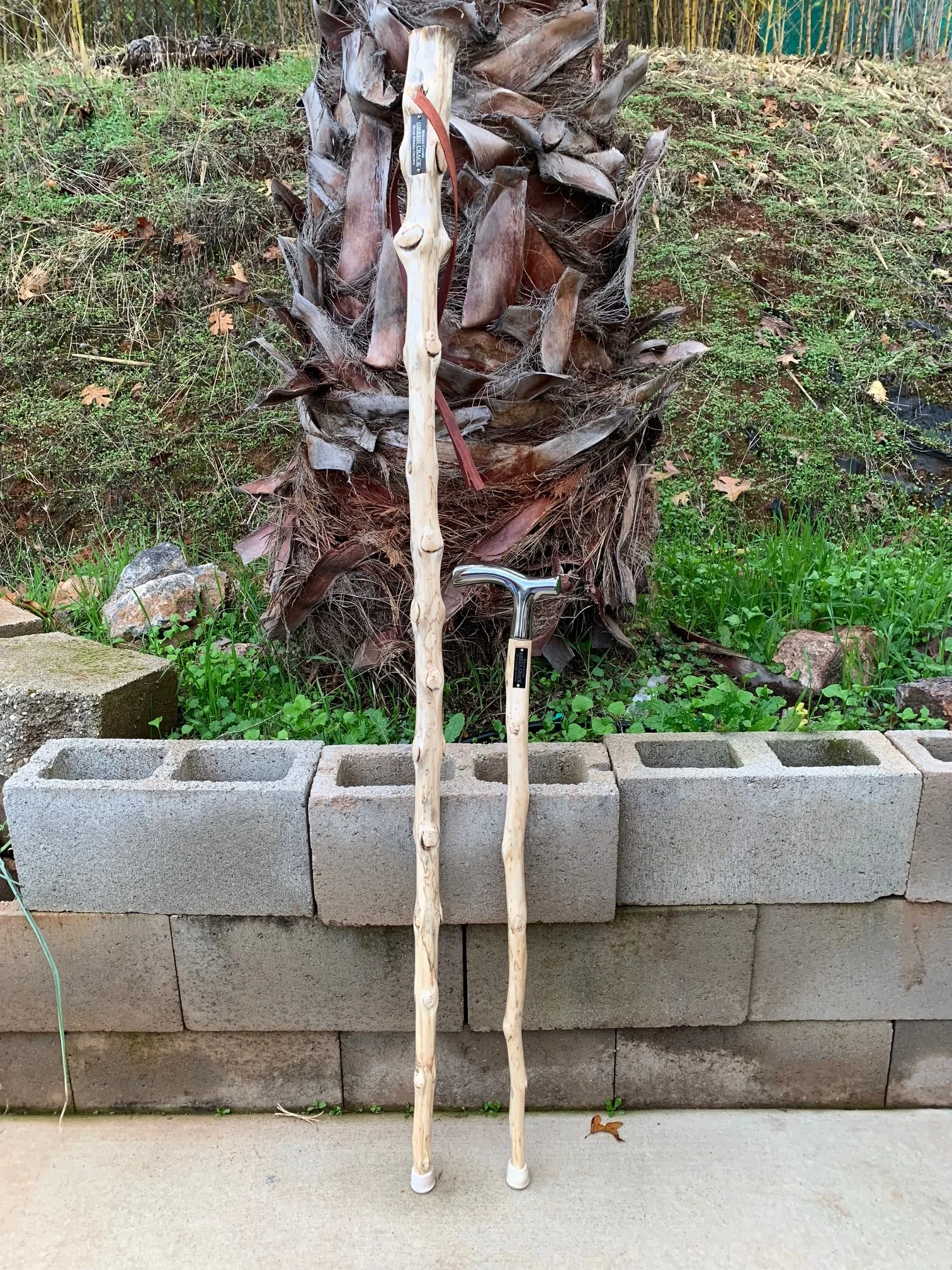 57" and 35'' Green walking staff and cane. Matching set