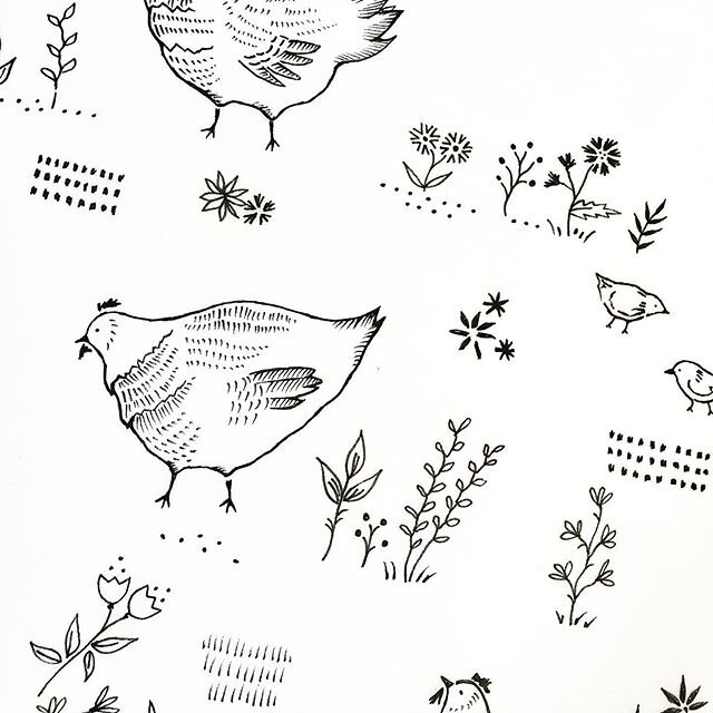 Throwback Thursday! 🐥 Some little winter chickens drawn for a newborn collection 🐓 Swipe across to see a little growsuit featuring the design. First slide, my original fineliner drawing from a range all about farm yard animals! This was a delightfu