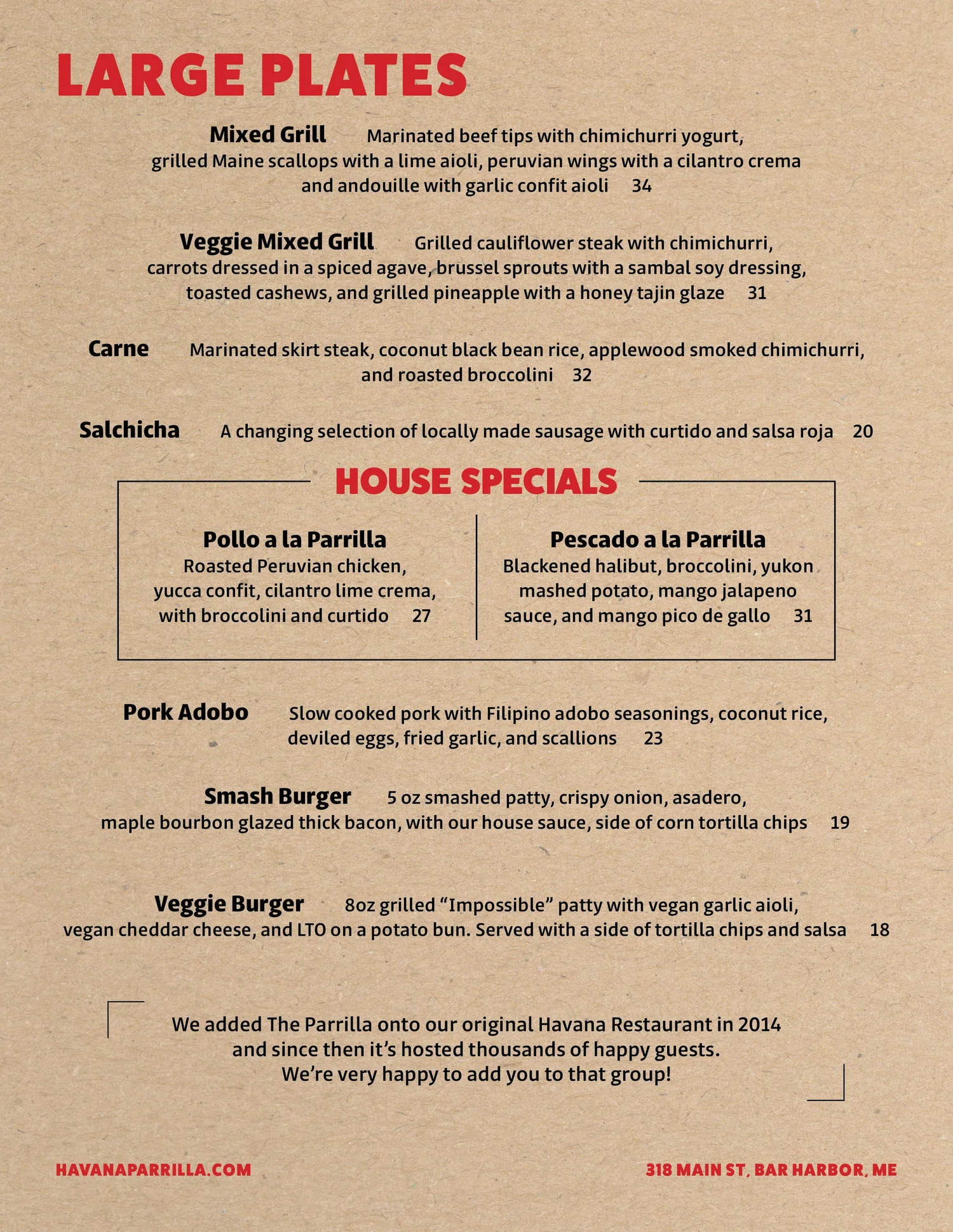 Parrilla Menu — Havana