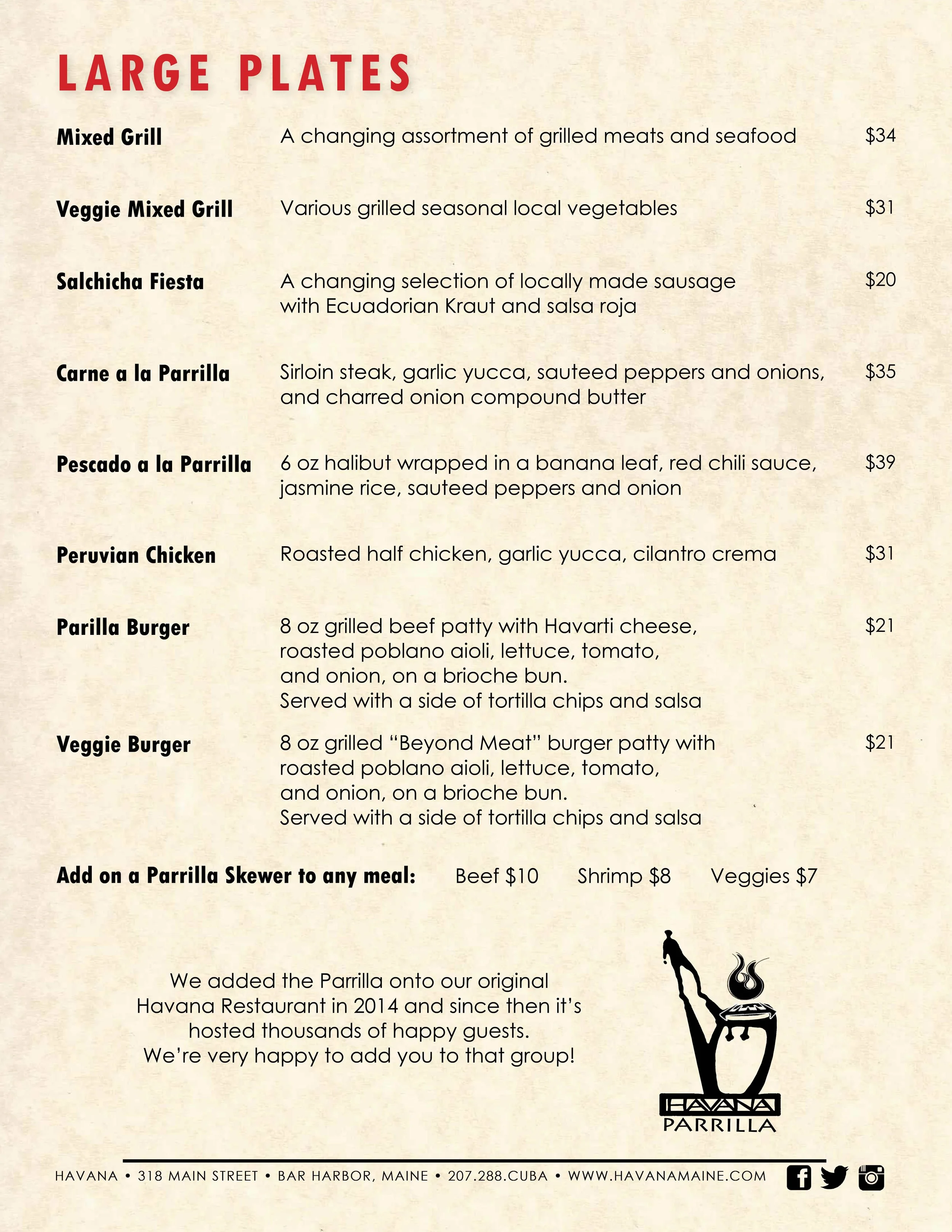 Parrilla Menu — Havana
