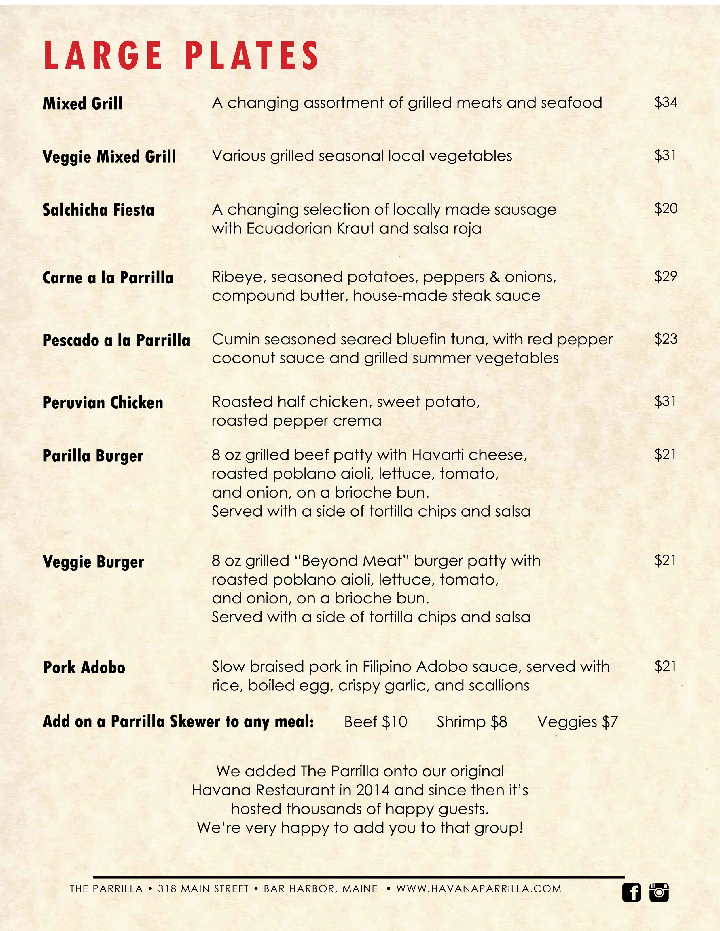 Parrilla Menu — Havana