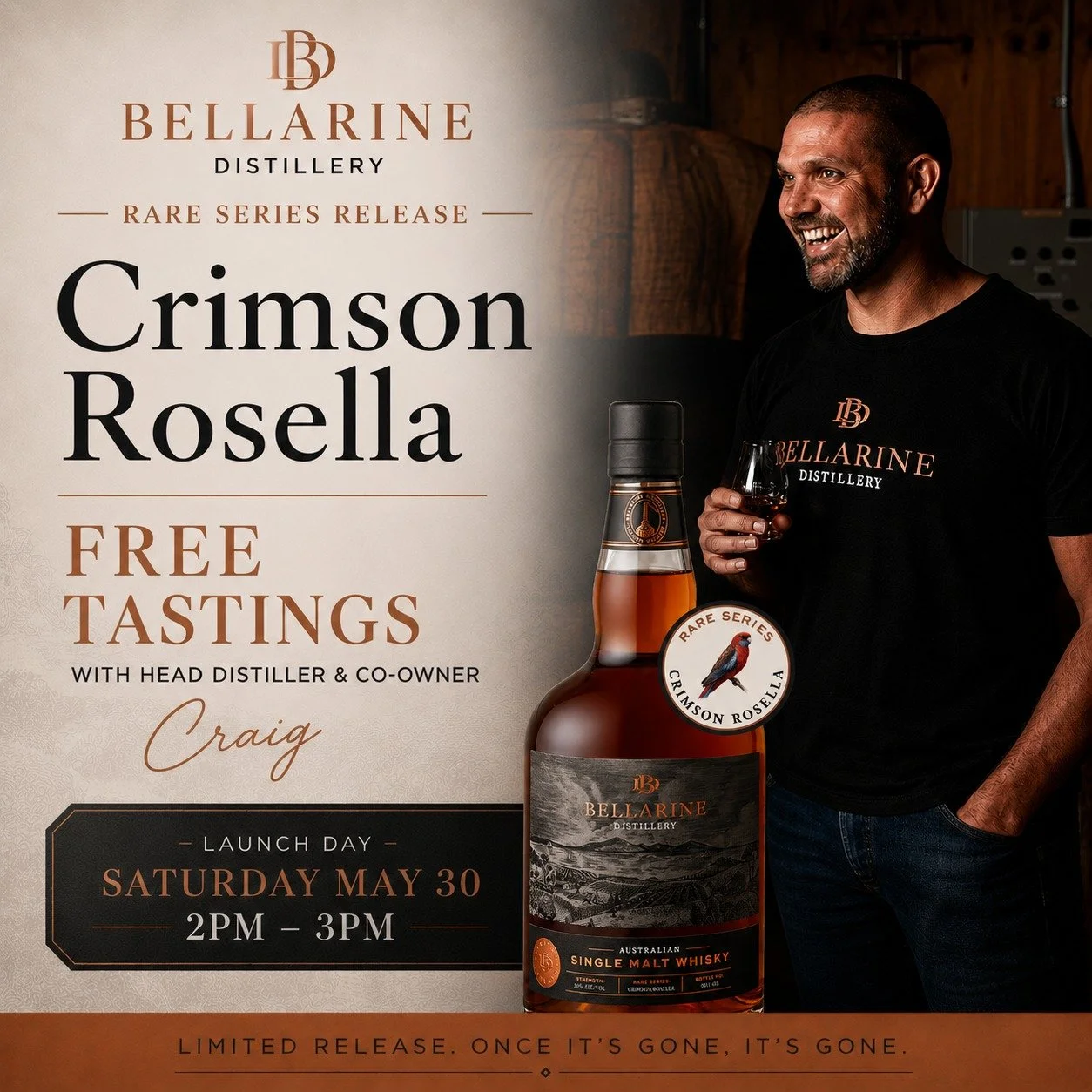 GIN CASK WHISKY.
Yep&hellip; we went there. 🪶🥃

This Saturday from 2pm&ndash;3pm, Head Distiller &amp; Co-Owner Craig will be pouring FREE tastings of Crimson Rosella at the distillery door.

No bookings. No rules. No pressure.
Just come and decide