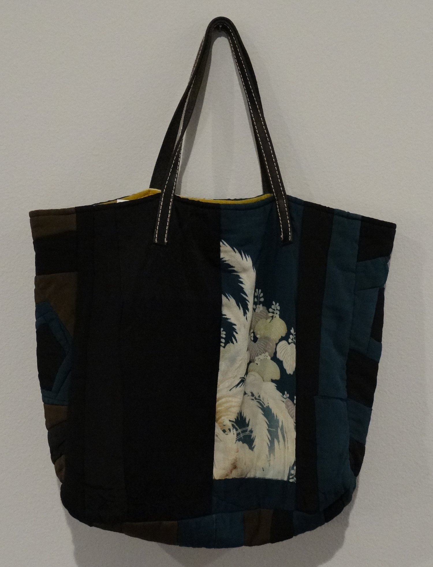 Tote bag. Vintage Japanese kimono fabric with a red bonded denim