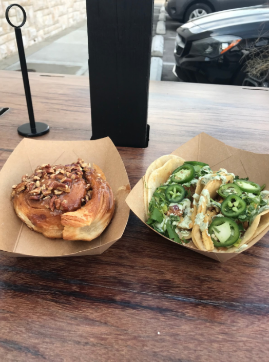 Caramel Pecan Cinnamon Roll and DV8 Breakfast Tacos)
