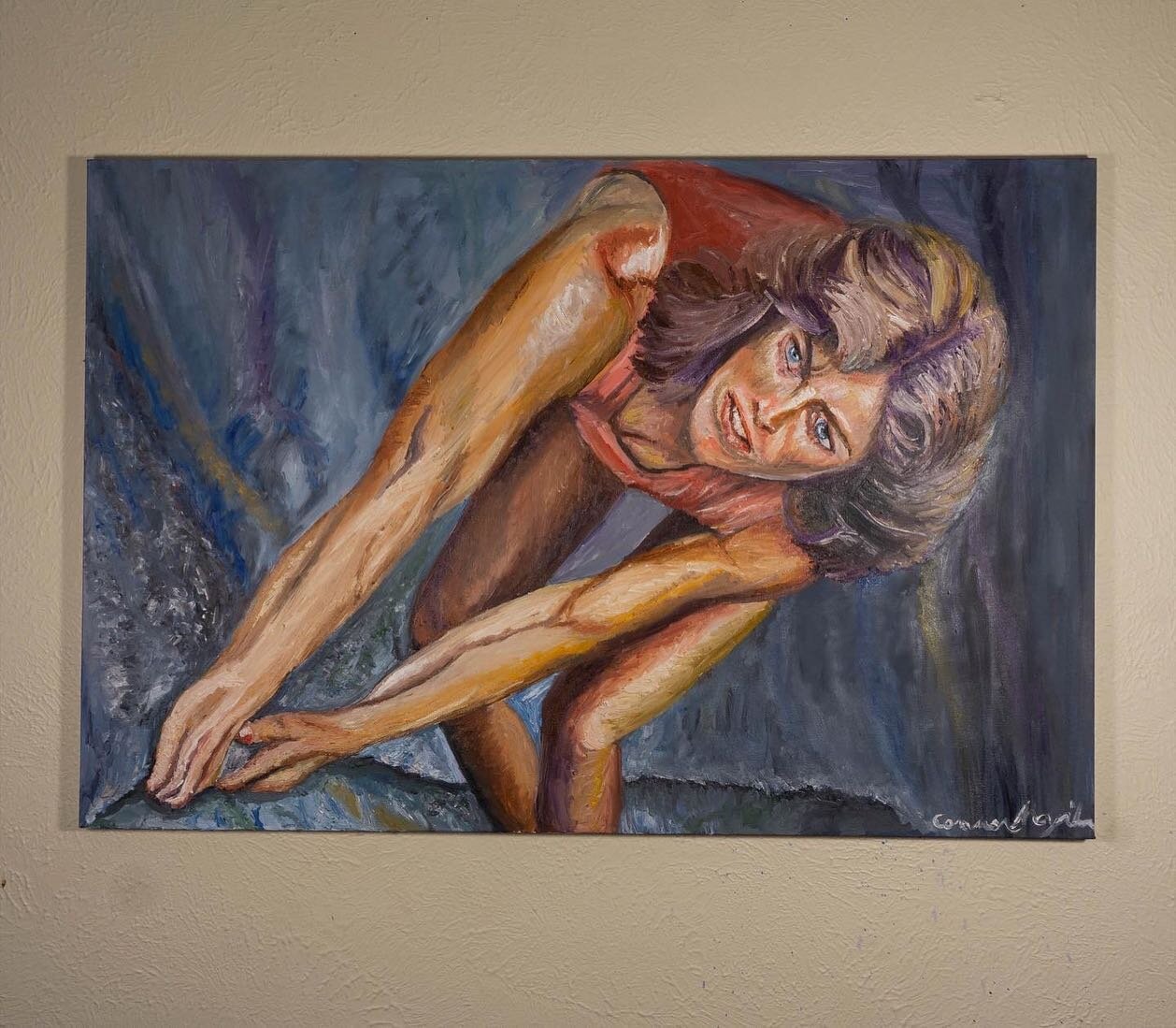 &ldquo;Lynn&rdquo; 36x24 Oil on Canvas. 

Inspired by a photo taken by Greg Epperson of Lynn Hill on Tar and Feather 5.11D. 

Lynn Hill (@_linacolina_ ) was the first person to free climb the nose of El Capitan in 1993. At the time The Nose was consi