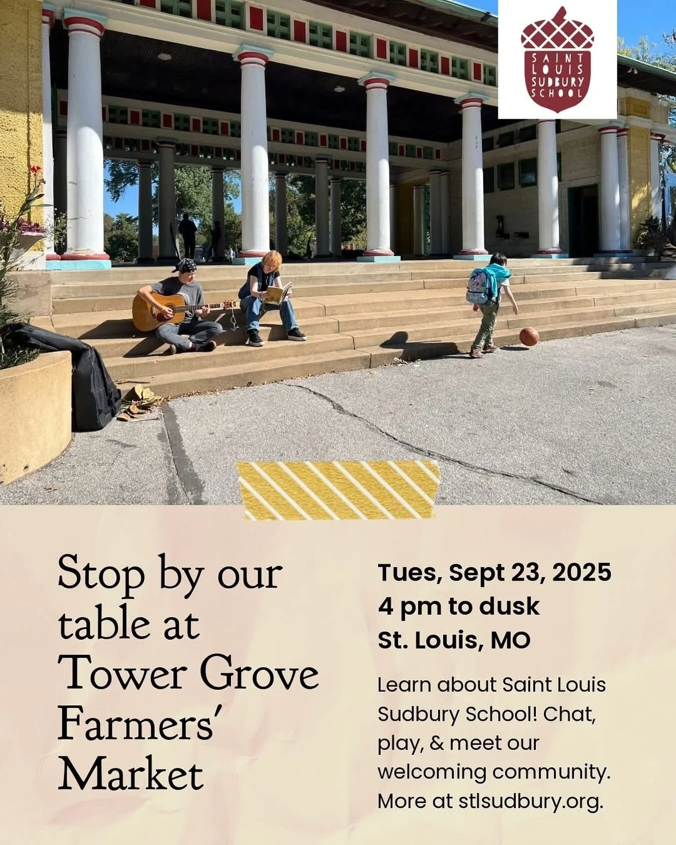 While you are exploring the beautiful selection of fresh produce, artisan goods, and local flavors at the Tower Grove Farmers&rsquo; Market the evening of Tuesday, September 23, be sure to stop by our table and say hello! Meet Saint Louis Sudbury Sch