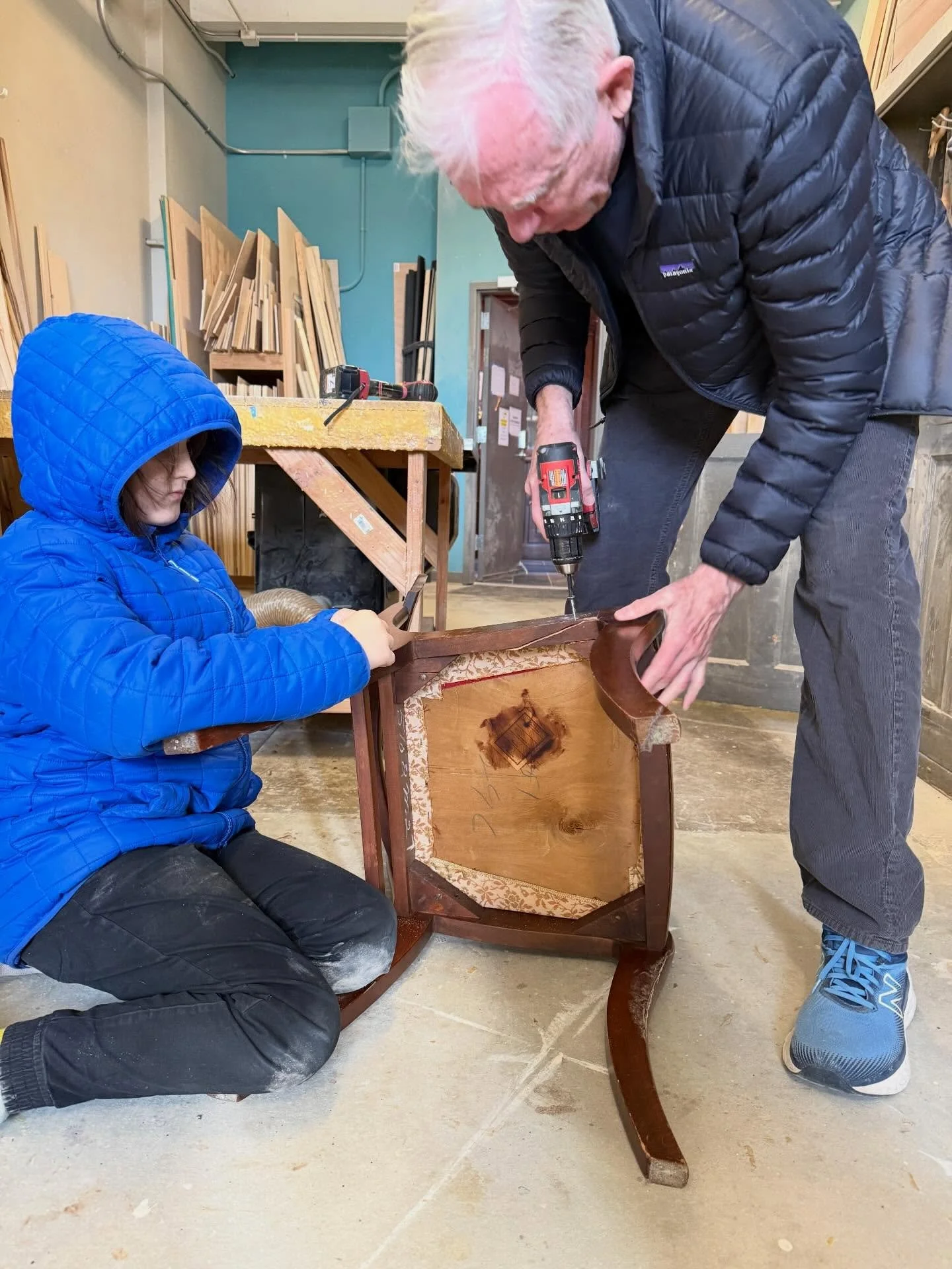 A lot of our supplies, furniture, books, and resources have been donated to us or found via buy nothing neighborhood groups on Facebook and thrift stores! We recently discovered that one of our estate sale chairs had been damaged so we figured out ho
