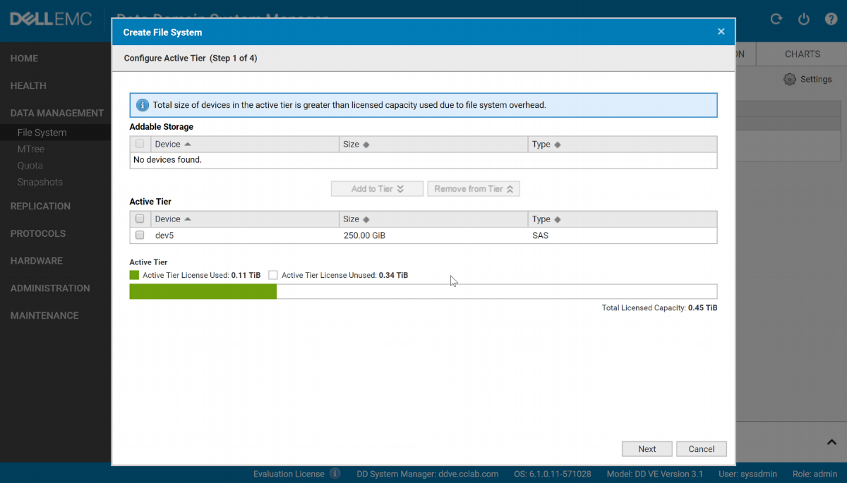 Select the checkbox for the Active Tier and go "Next"
