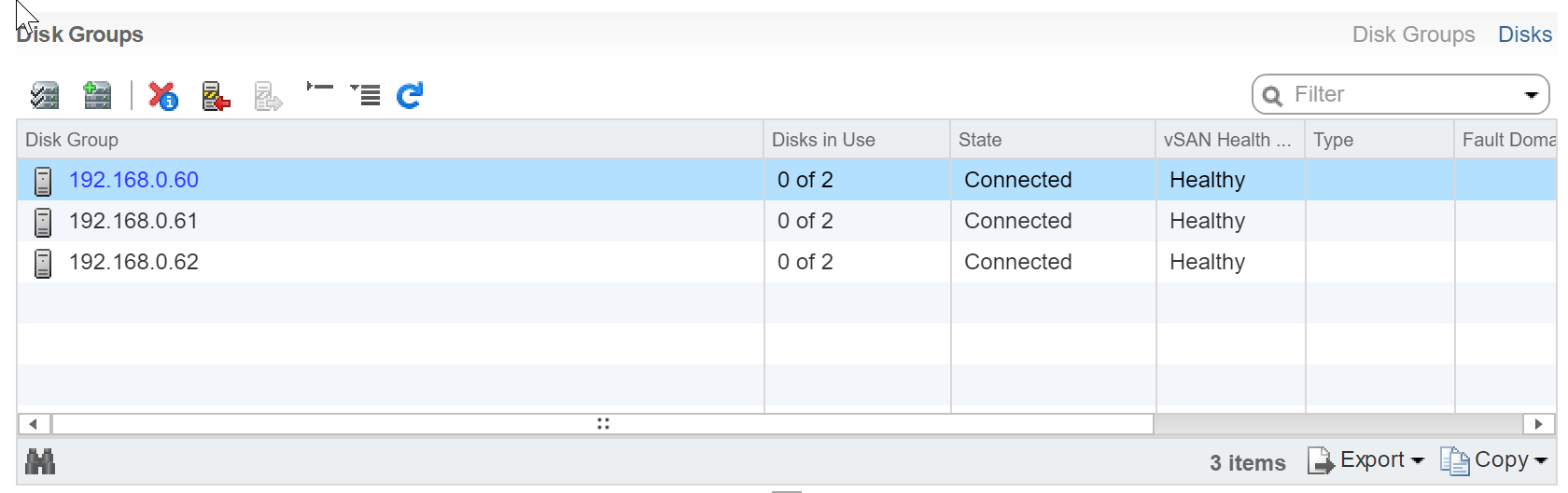 Disk Group screen shows none of the disks are in used