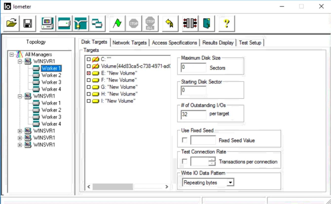 A sample screenshot of IOMeter. There is 5 x VMDK’s tested here, with 4 worker threads against each VMDK with 32 Outstanding IO for each.