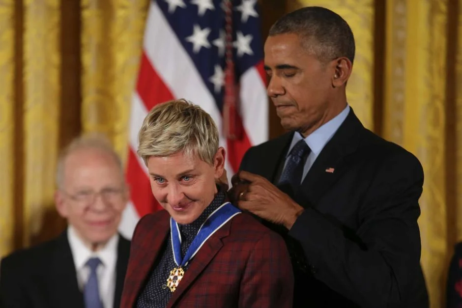 Ellen is so emotional here as Barak Obama honours her with The Medal of Freedom - wow!