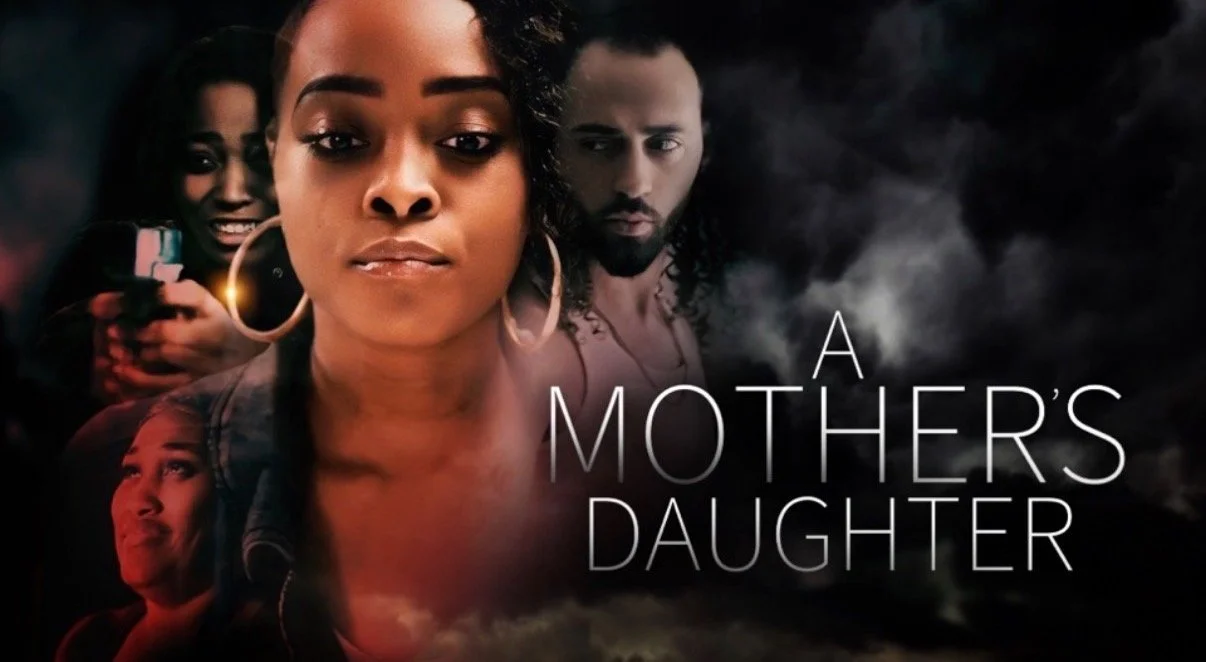 Close-up of a woman with large hoop earrings and natural hair, with three smaller images of different women and a man in the background, and the text 'A Mother’s Daughter' over a dark, smoky background.