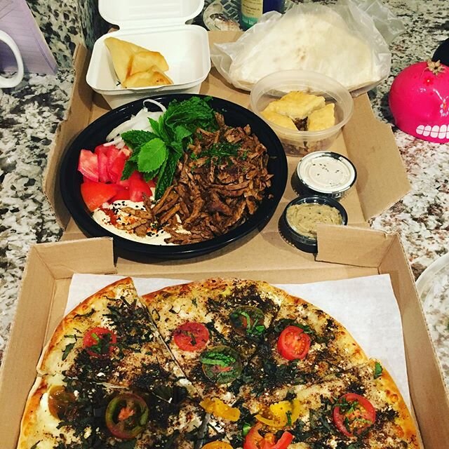 OMG!  This spread. Will be eating til Tuesday!  When you are craving Med/Lebanese  food. And they threw in the baklava for good measure. Can&rsquo;t wait to frequent this cute place with great food when the time is right. #mezzathyme  #shawarmas #med