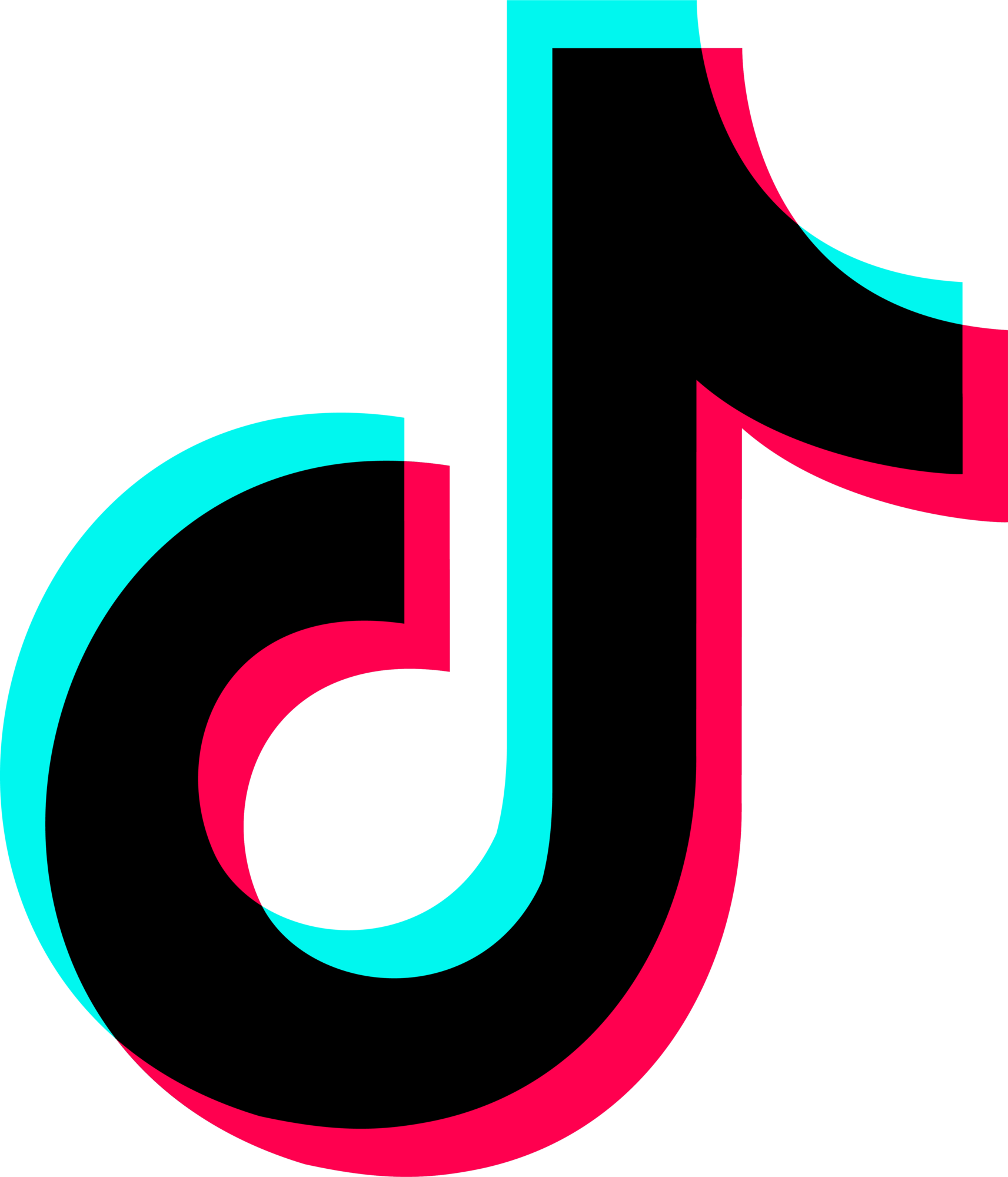 Abstract black musical note icon with cyan and pink overlapping outlines on a dark green background