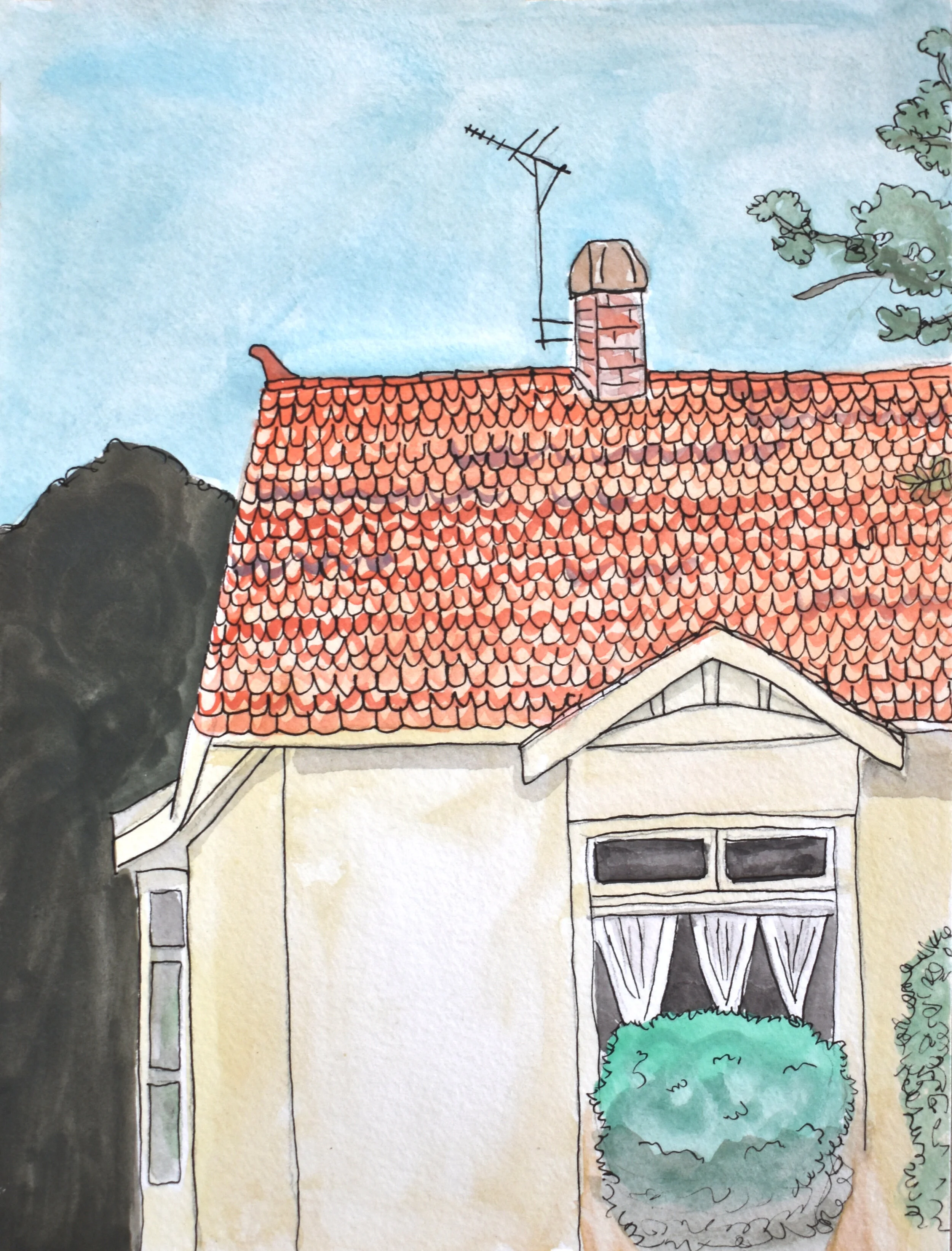   Exterior, Ava’s First Place in Melbourne , 2021. Watercolor and ink on paper. 