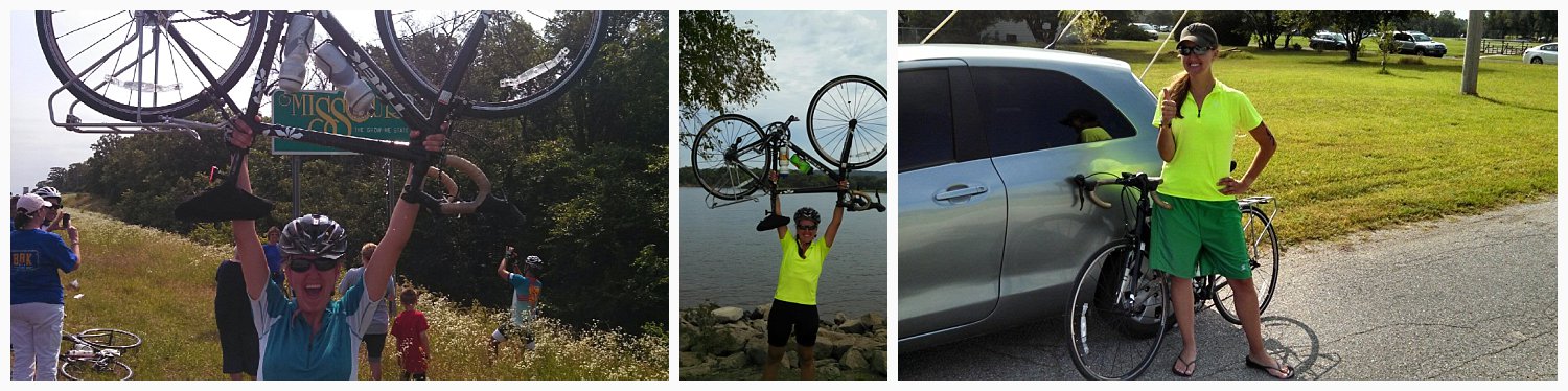 I biked across Kansas in 2013. The picture on the far left is me after I made it to the Missouri border after biking 522 miles in nine days. The middle picture is after I biked across Iowa the following summer (406 miles in seven days). The right is a picture of me after I completed the Salty Dog Triathlon in 2014.