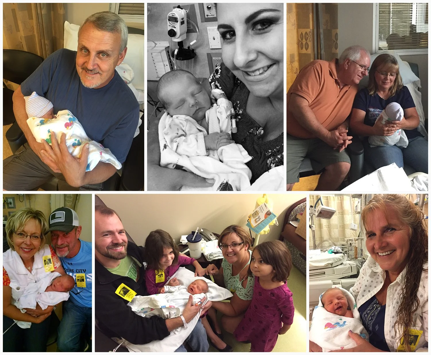 We had lots of visitors throughout our ten day hospital stay. The top left is my dad, followed by my sister, Krystal. Brad's mom and dad, James and Tanya, are pictured in the top right. The bottom left are Robbie and Jeff Clarke, dear friends of mine who Jameson took his middle name from. My sister Erica and her two girls also visited. In spite of being in the NICU, Jameson is flashing a grin for his picture with my mom (Grammy) in the bottom right. Not pictured are my grandma and Marlyn and Kathie Spare (a couple of friends from church) who made the trip to visit Monday, before Jameson was born. 