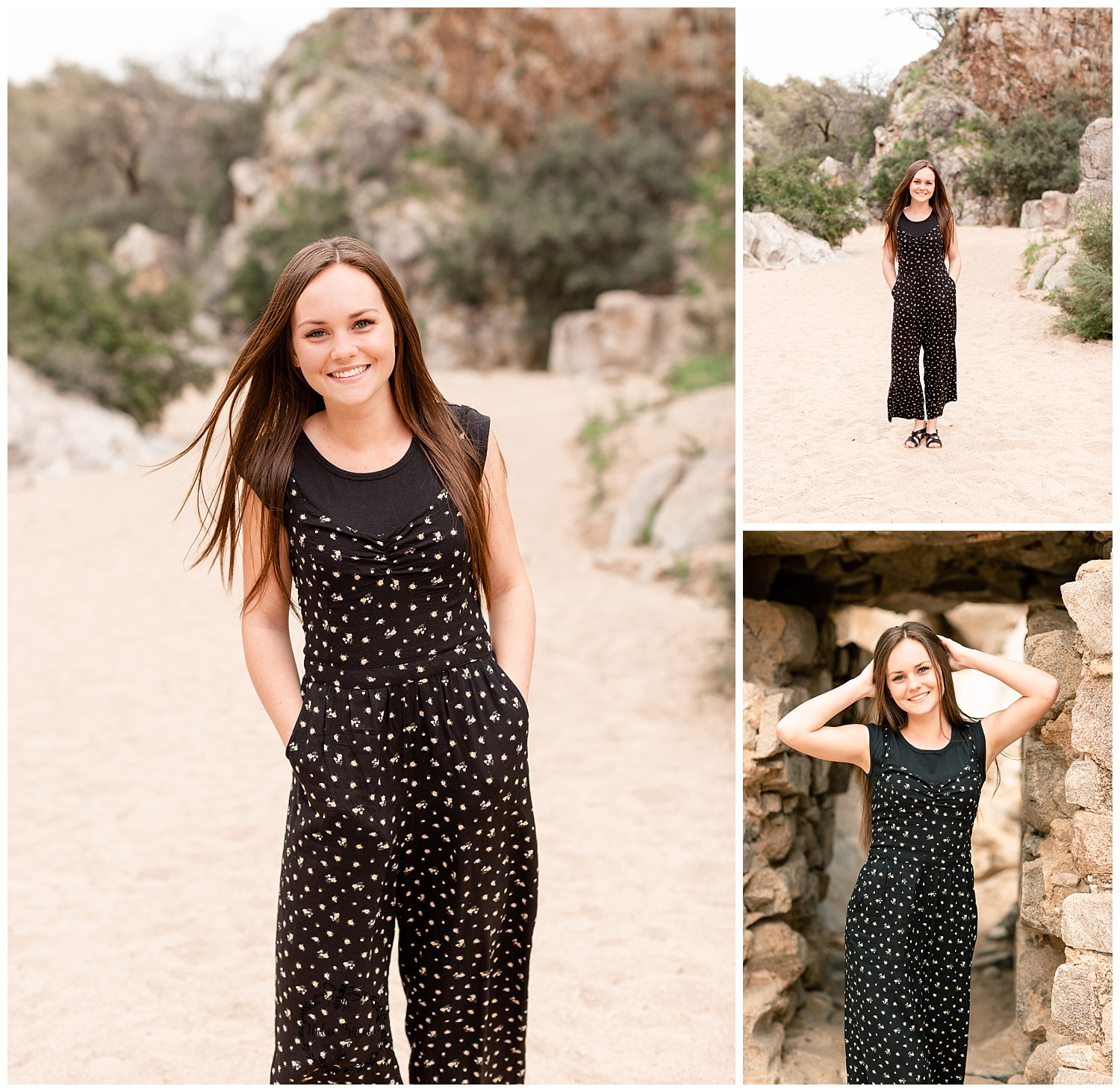 What to wear to your high school graduation photos. Black and white jumpsuit outfit inspiration for senior photos. Oro Valley Senior Photo Session.