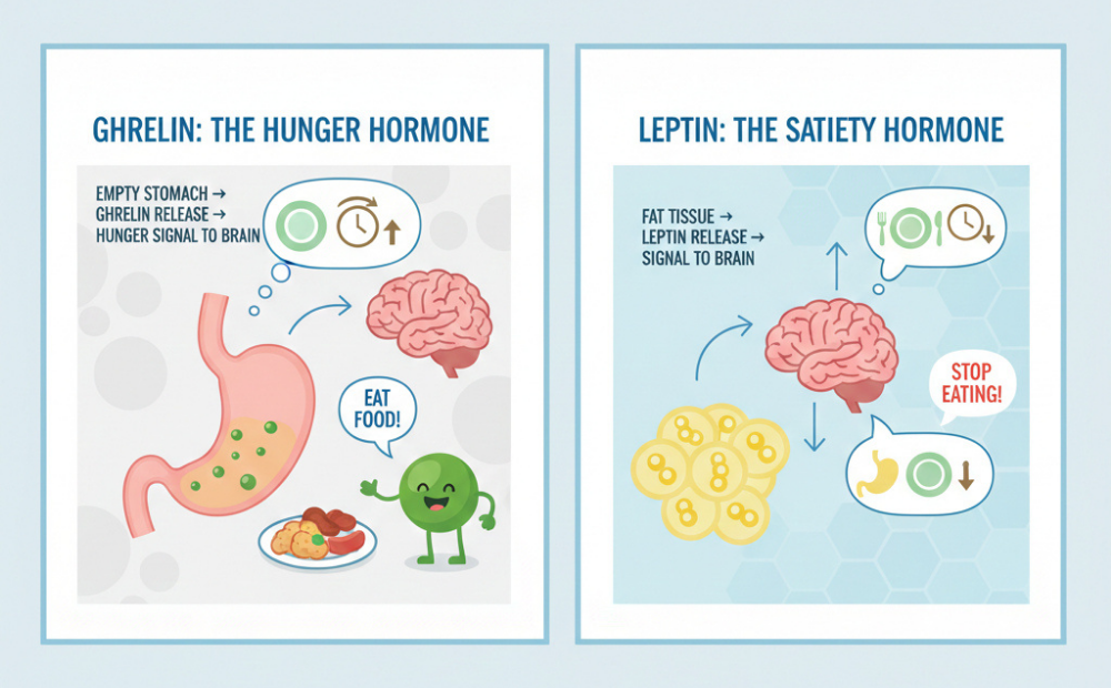 Illustration showing ghrelin and leptin hormones regulating hunger and fullness, explaining hormonal appetite signals that affect weight loss despite healthy eating