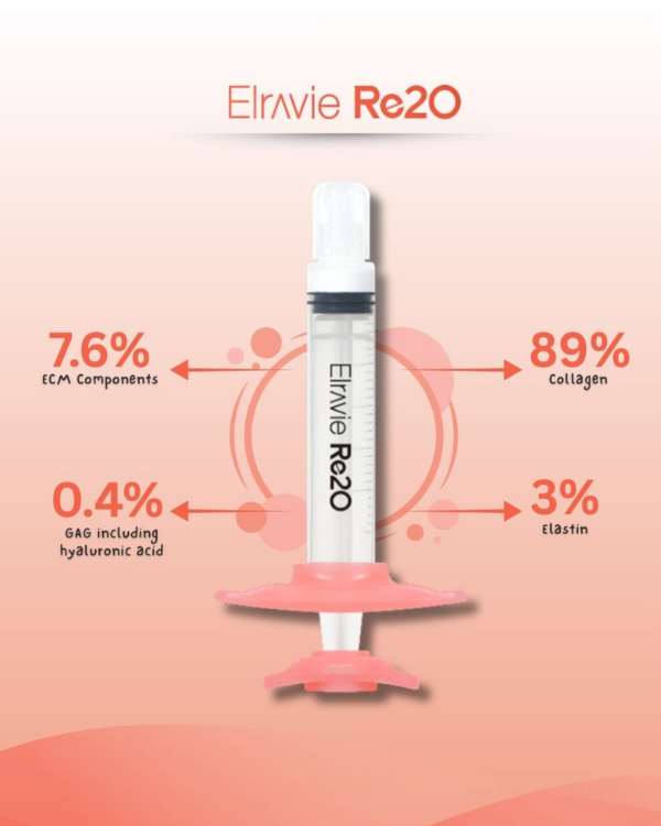 Elravie Re20 ECM Skin Booster components including collagen, elastin, glycosaminoglycans, and other ECM proteins supporting skin structure and resilience