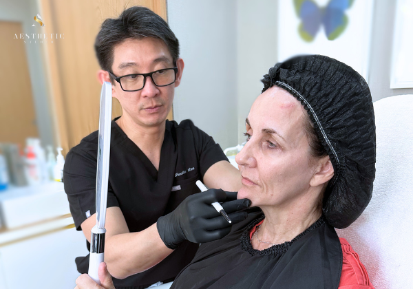 Doctor consulting patient about Sculptra (poly-L-lactic acid) treatment in Singapore for facial volume restoration and collagen stimulation