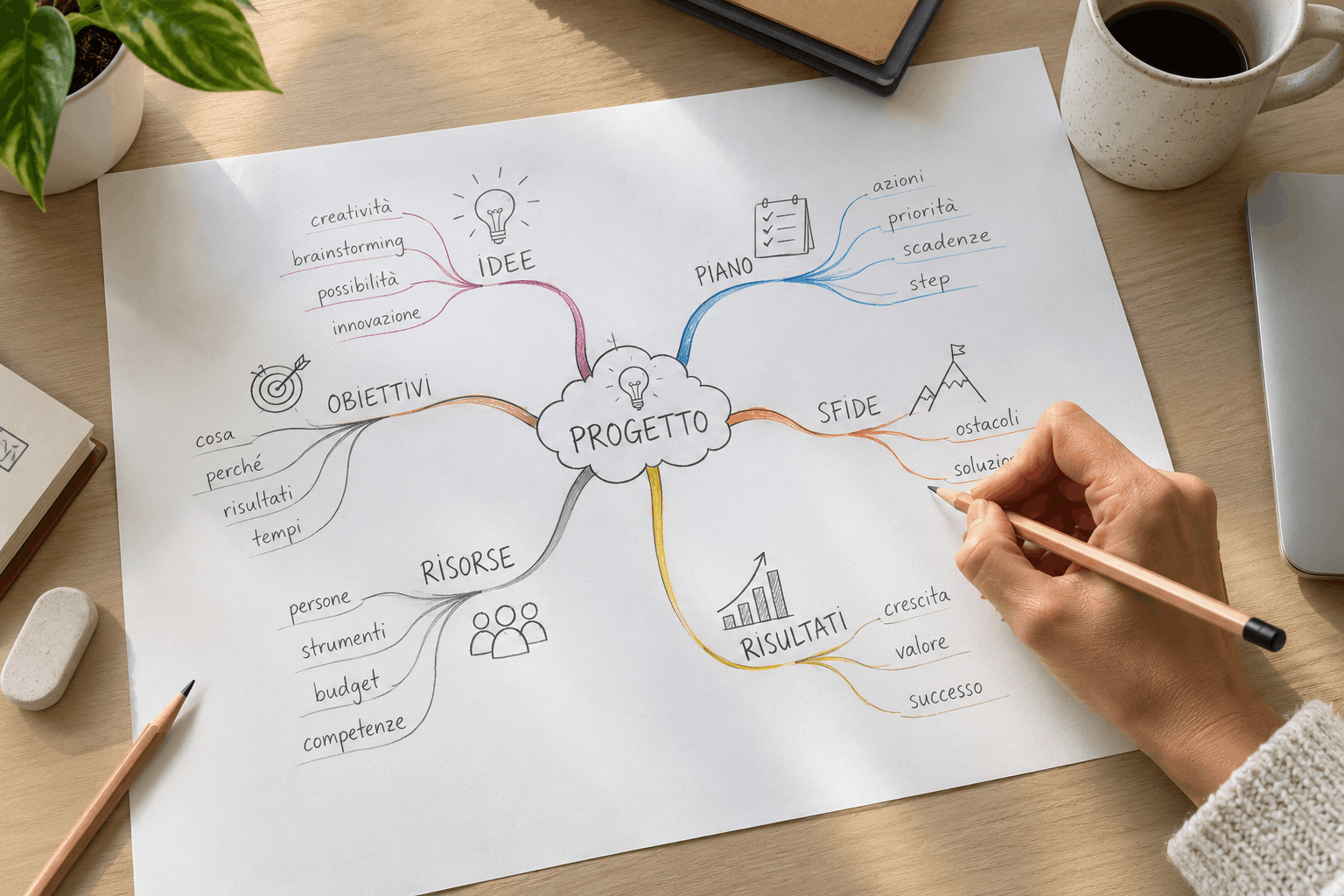 na mano disegna a matita una mappa mentale radiale per pianificare un progetto, con rami colorati per idee, obiettivi, risorse, sfide, piano e risultati