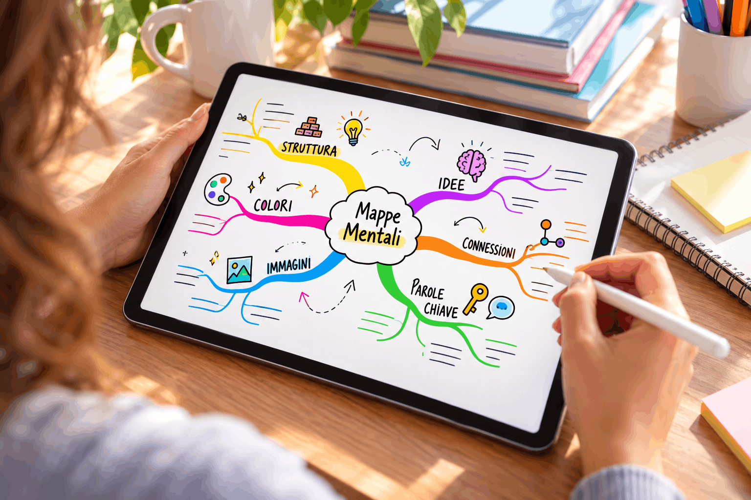 Mano che disegna una mappa mentale digitale colorata su tablet, con rami dedicati a struttura, colori, immagini, parole chiave, idee e connessioni