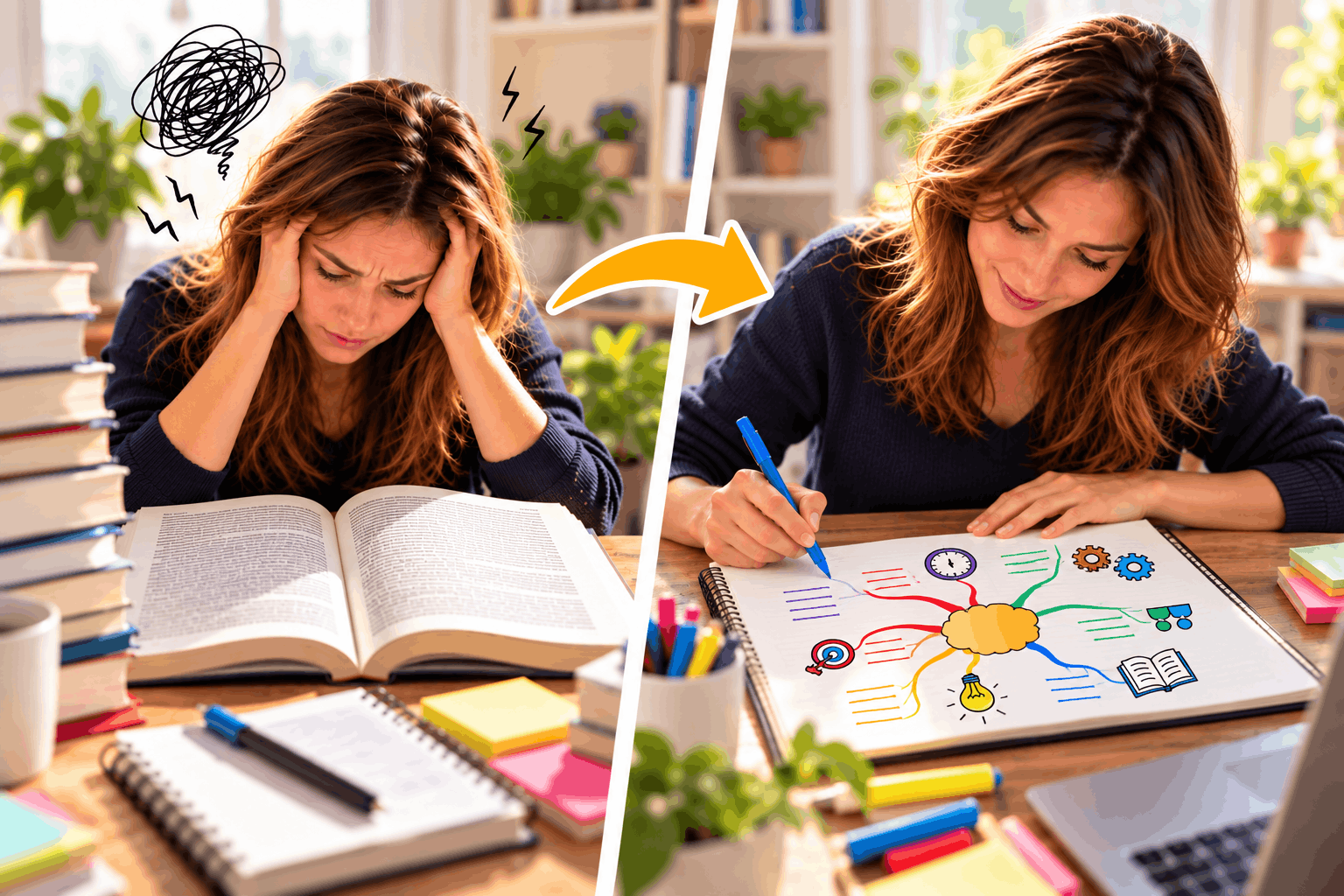 studentessa stressata mentre legge un libro fitto di testo a sinistra, la stessa donna serena mentre disegna una mappa mentale colorata a destra