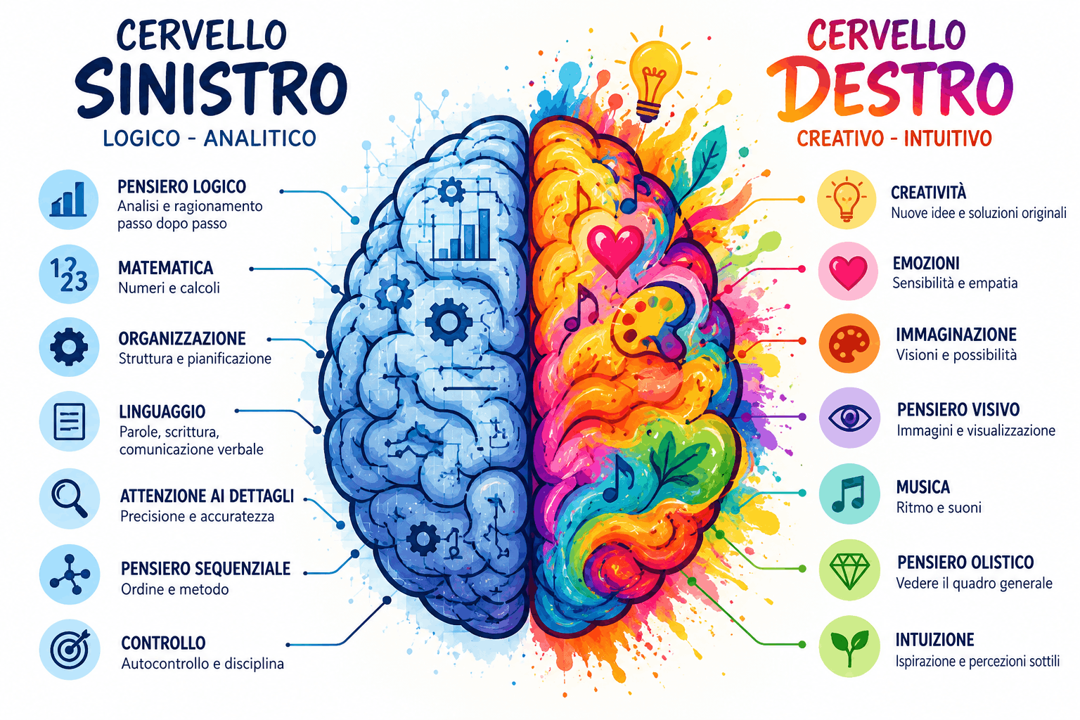 Illustrazione popolare che divide il cervello in emisfero sinistro logico ed emisfero destro creativo, un'immagine diffusa online ma semplificata rispetto a quello che dice la ricerca