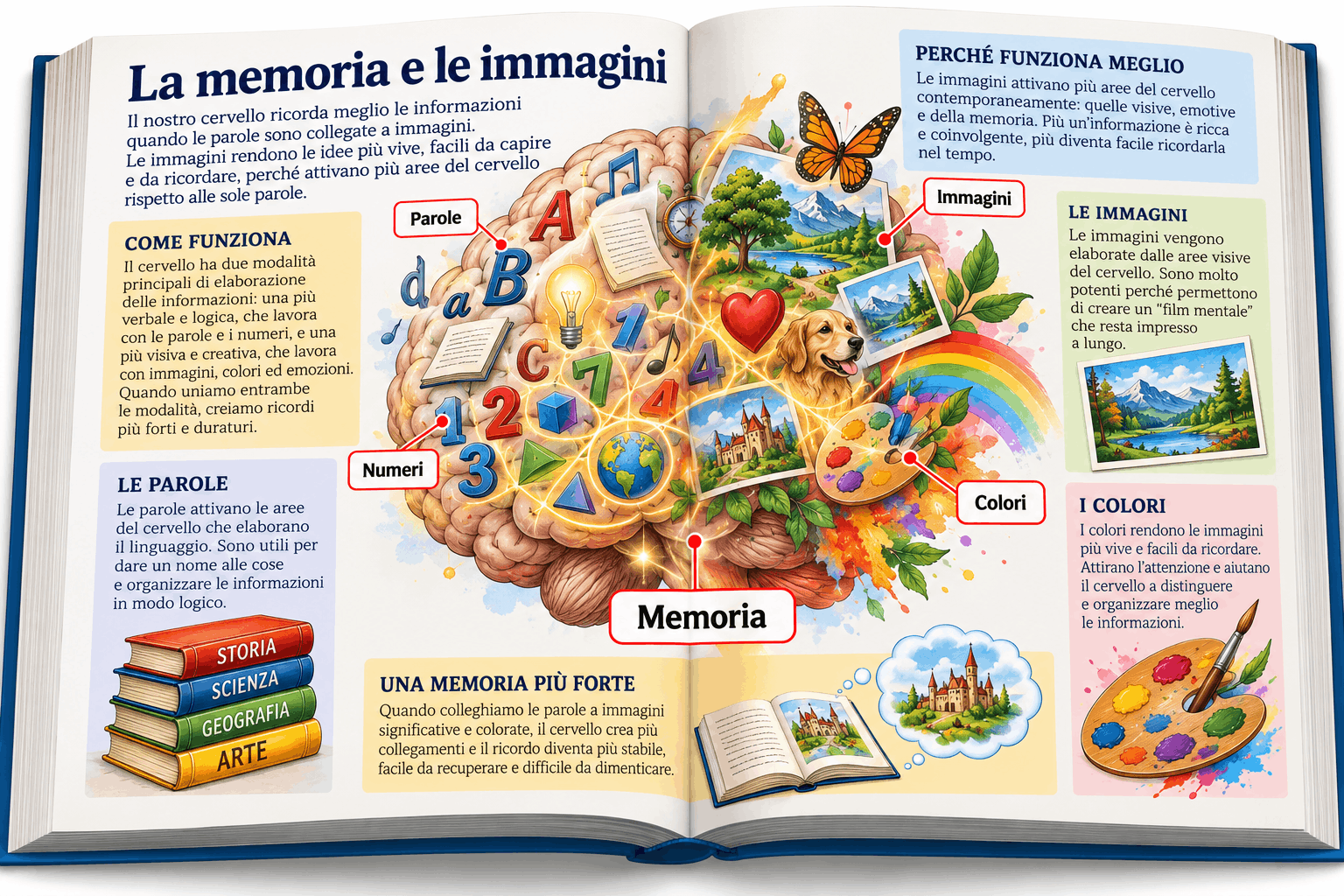 Infografica che mostra come parole, numeri, immagini e colori si intreccino insieme nel cervello per creare una memoria più forte