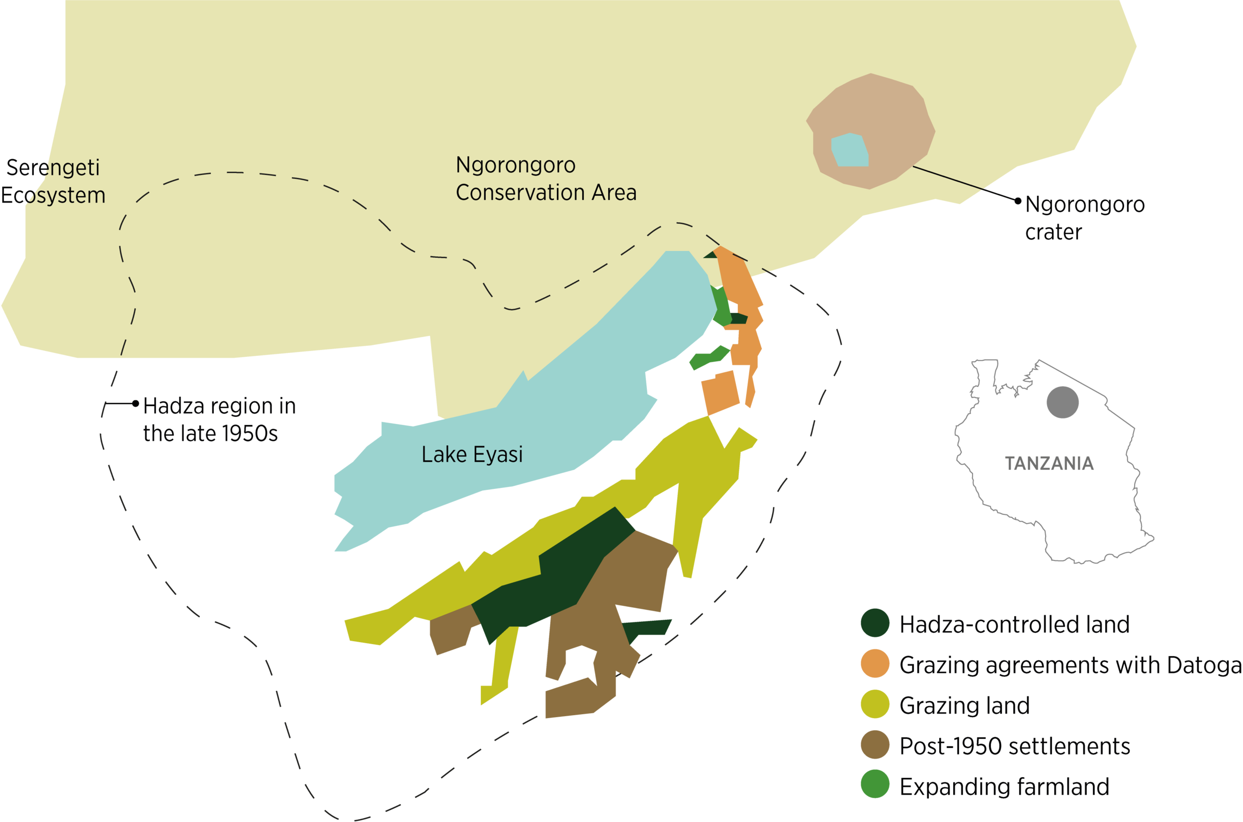 Map: UCRT's work on securing Hadza and Datoga land rights has helped create a corridor providing landscape connectivity and facilitating wildlife movement between the Yaeda Valley and the Ngorongoro Conservation Area.