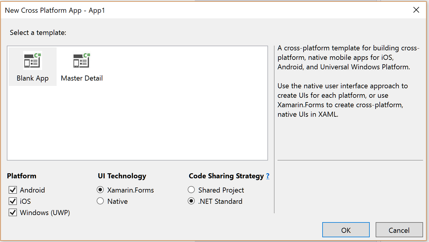 The selections needed when creating a Xamarin Forms project in Visual Studio 2017 (Windows)