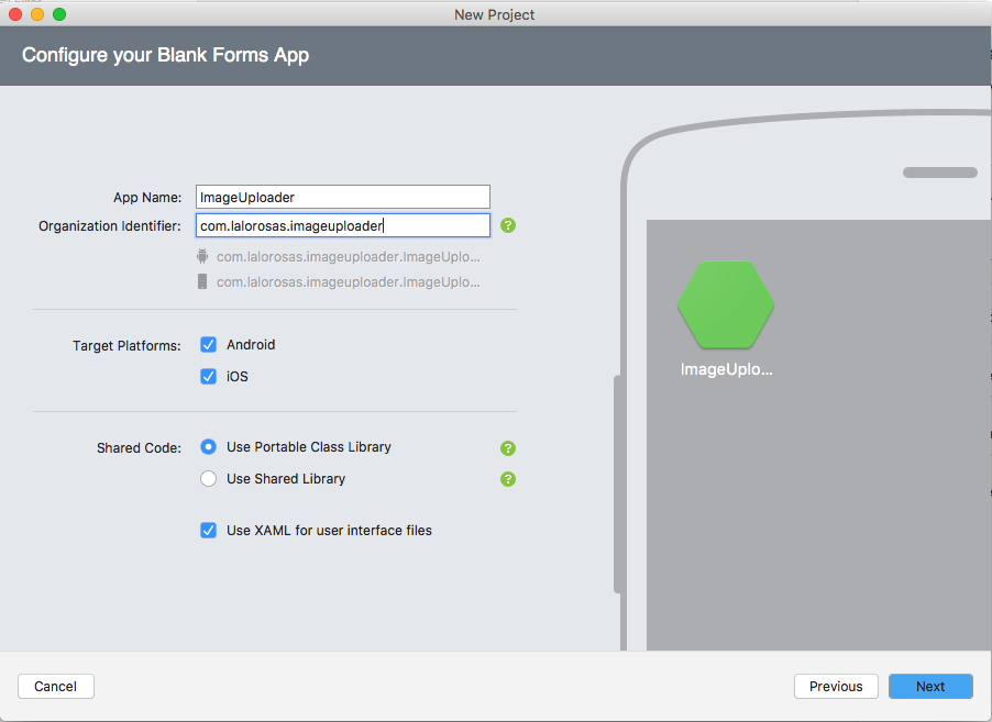 The selections needed when creating a Xamarin Forms project in Visual Studio for Mac