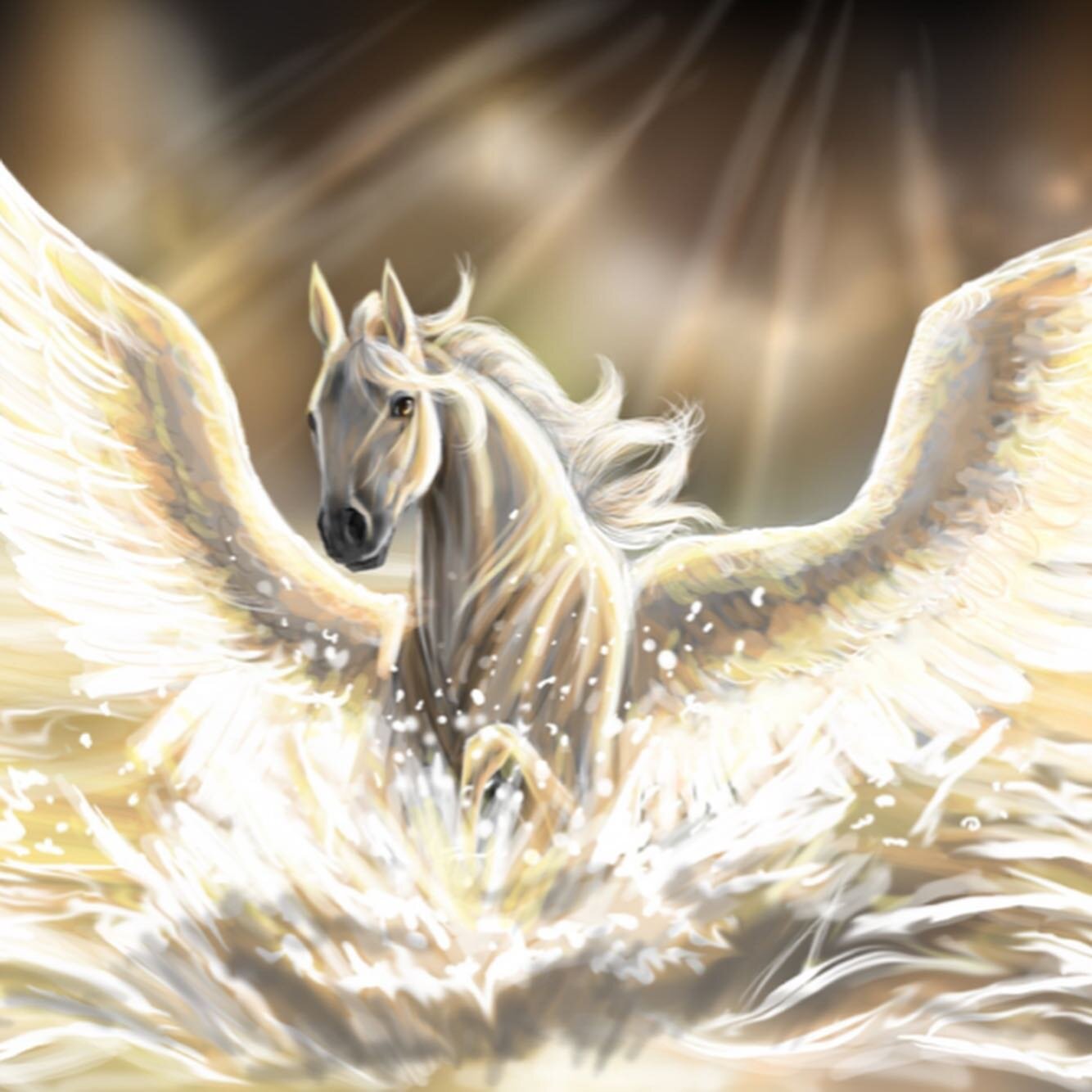#Pegasus 🐎 
Pegasus was made from the blood of Medusa; Queen of Snakes 🐍 
Pegasus creates a fountain of water 💧 
Pegasus means &lsquo;to pin together/ to-god/aether&rsquo; (Peg-to-Zeus) or &lsquo;beat&rsquo; (Pegasus beats his hoofs against flint/