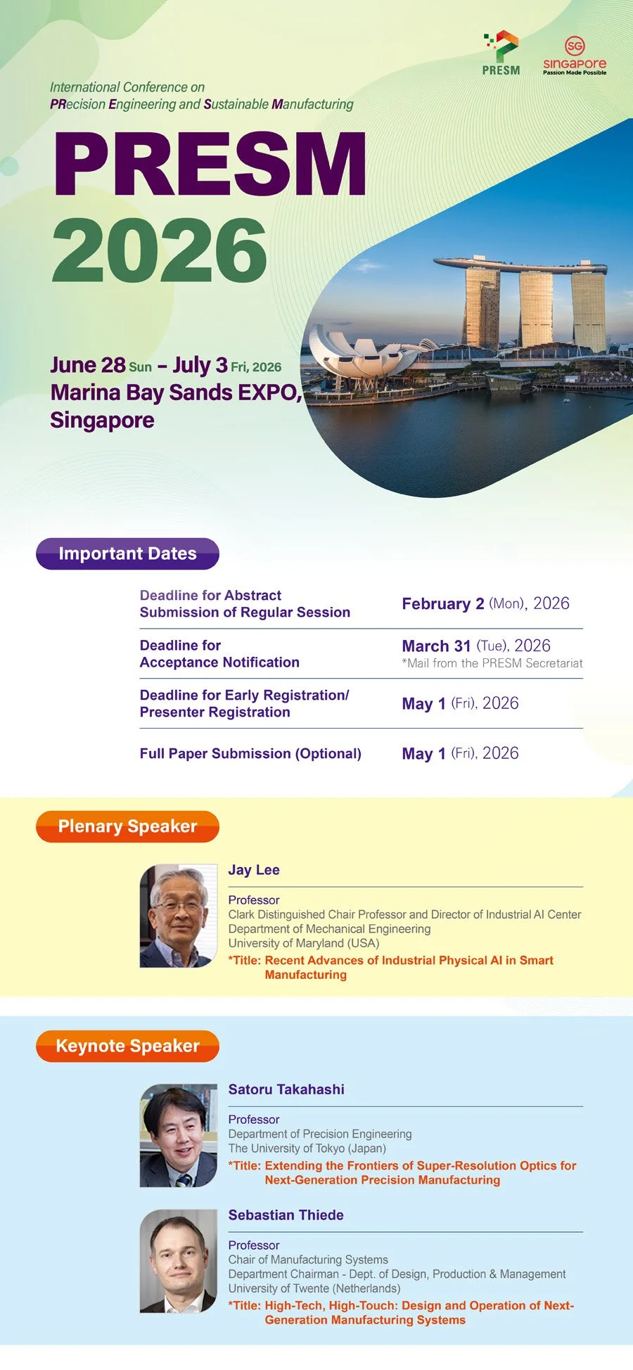 Prof. Lee will serve as a plenary speaker at PRESM 2026 in Singapore