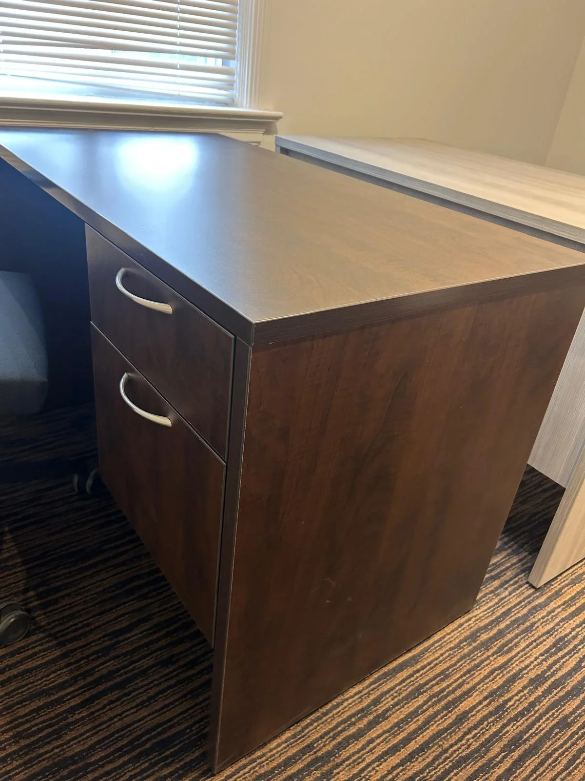 Dark Wood Veneer Desk Measures Approx. The Same Size As The Greyish Desk:: 45” L x 2ft W x 29” H