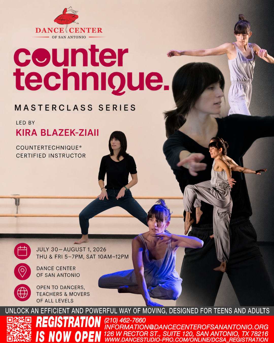 Posters background for a dance masterclass series on counter technique, led by Kira Blazek-Ziaii, at the Dance Center of San Antonio from July 30 to August 1, 2026, including schedule, location, and contact information.