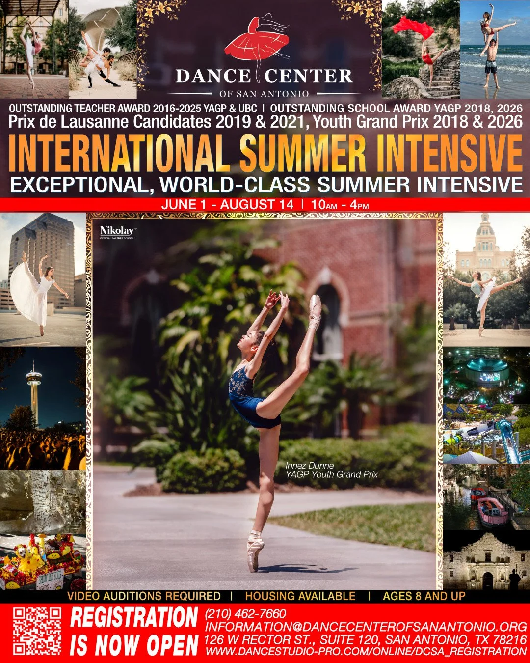 Poster advertising an international summer dance intensive event from June 1 to August 14, 2023, with images of dancers performing ballet and acrobatic poses, and a central photo of a gymnast doing a high leg extension.
