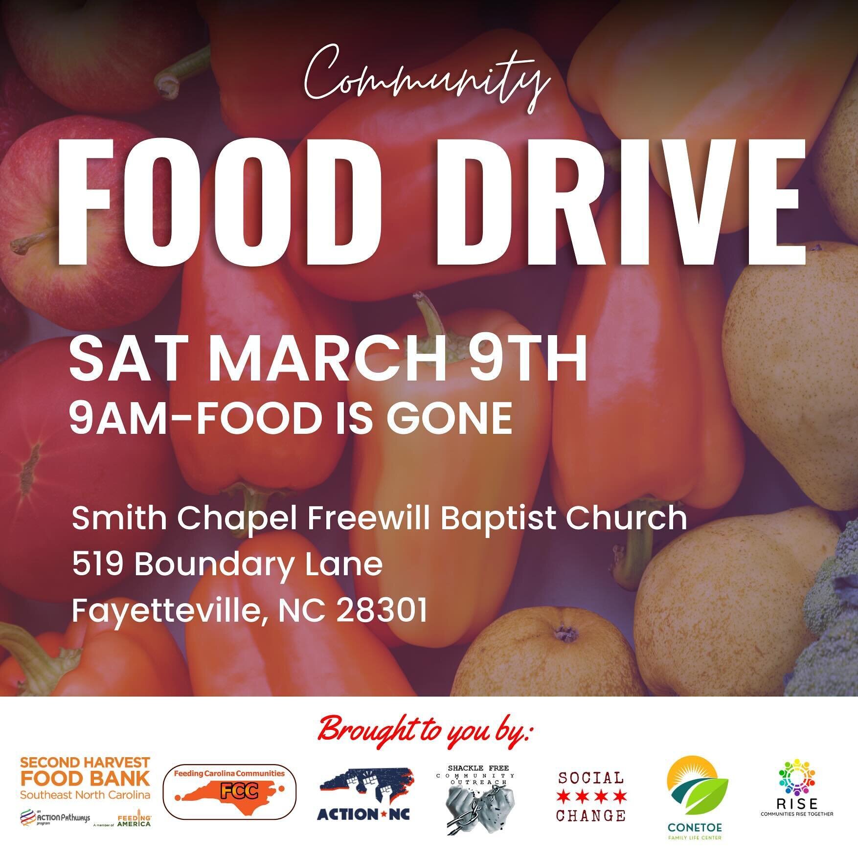 Join us for a community food drive! 

🗓️ Sat. March 9th
⏰9am- food is gone
📍519 Boundary Lane
Fayetteville, NC 28301

Brought to you by: @shacklefreeinformational @conetoefamilyfarm @action.nc @rise4all_org @ncsocialchange 

#socialchange #fooddriv
