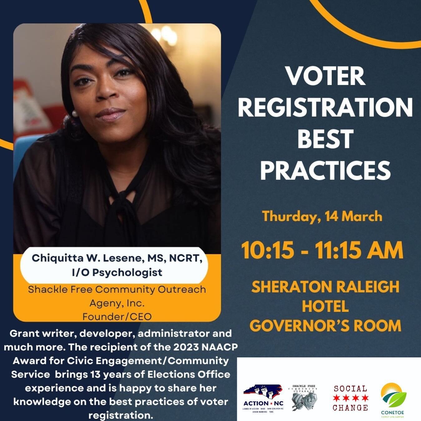 ⭐️Join Chiquitta W. Lesene, @chiquittalesenerealtor an accomplished I/O Psychologist and civic engagement leader, for an insightful session on Voter Registration Best Practices TOMORROW 3/14. 

⭐️Discover the tips and strategies from a seasoned exper