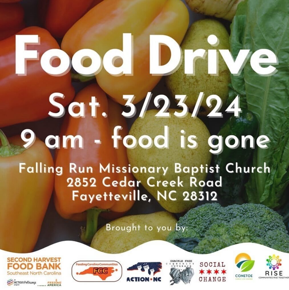 Join us for a community food drive! 

🗓️ Sat. March 23rd
⏰9am- food is gone
📍2852 Cedar Creek Road
Fayetteville, NC 28312

Brought to you by: @shacklefreeinformational @conetoefamilyfarm @action.nc @rise4all_org @ncsocialchange 

#socialchange #foo