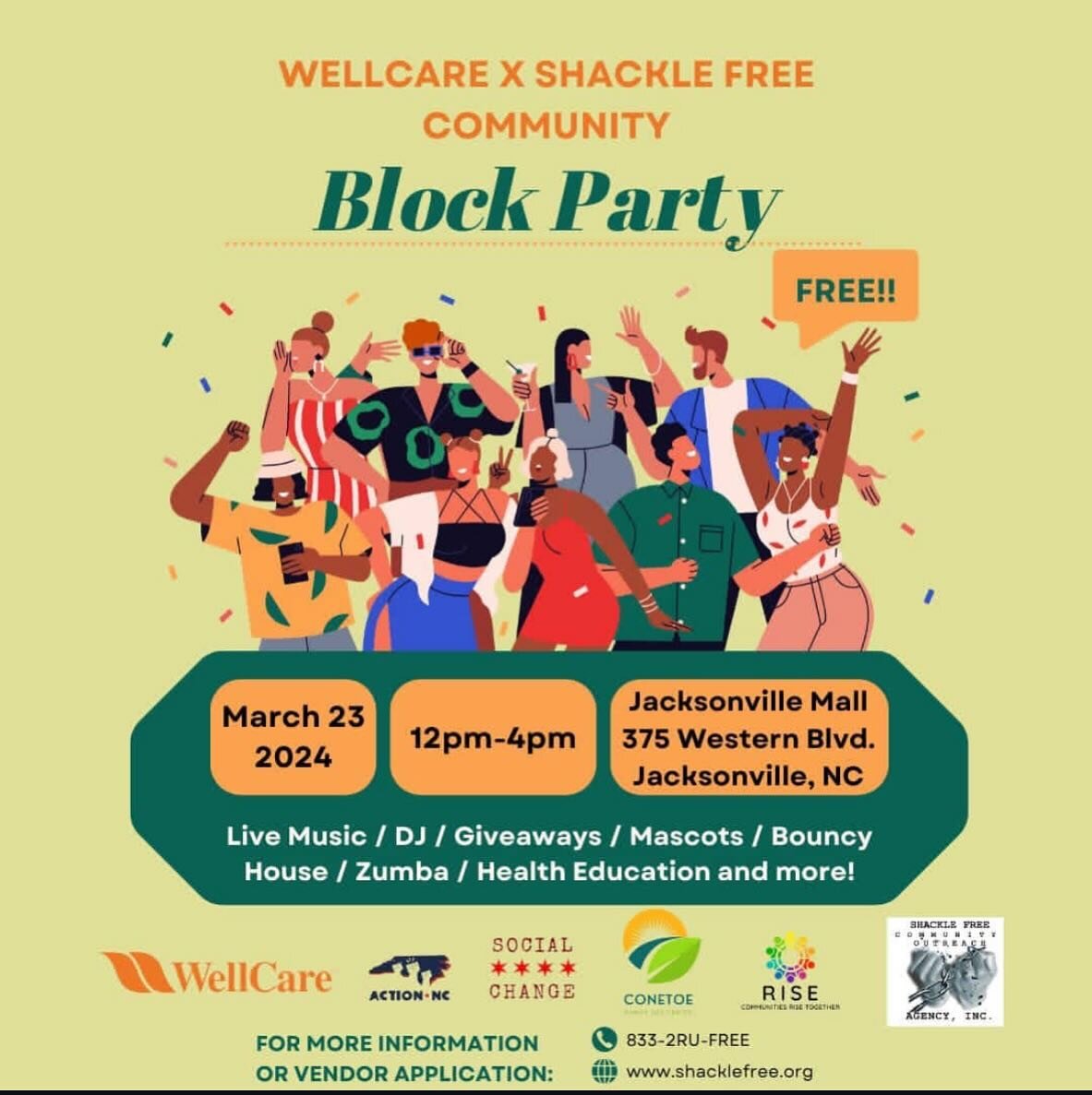 🎊Join us for a day of fun, fitness, and community spirit at the WellCare x Shackle Free Community Block Party! 

🎊 It&rsquo;s a celebration with live music, a DJ, giveaways, and activities for all ages. Don&rsquo;t miss out on the excitement at Jac