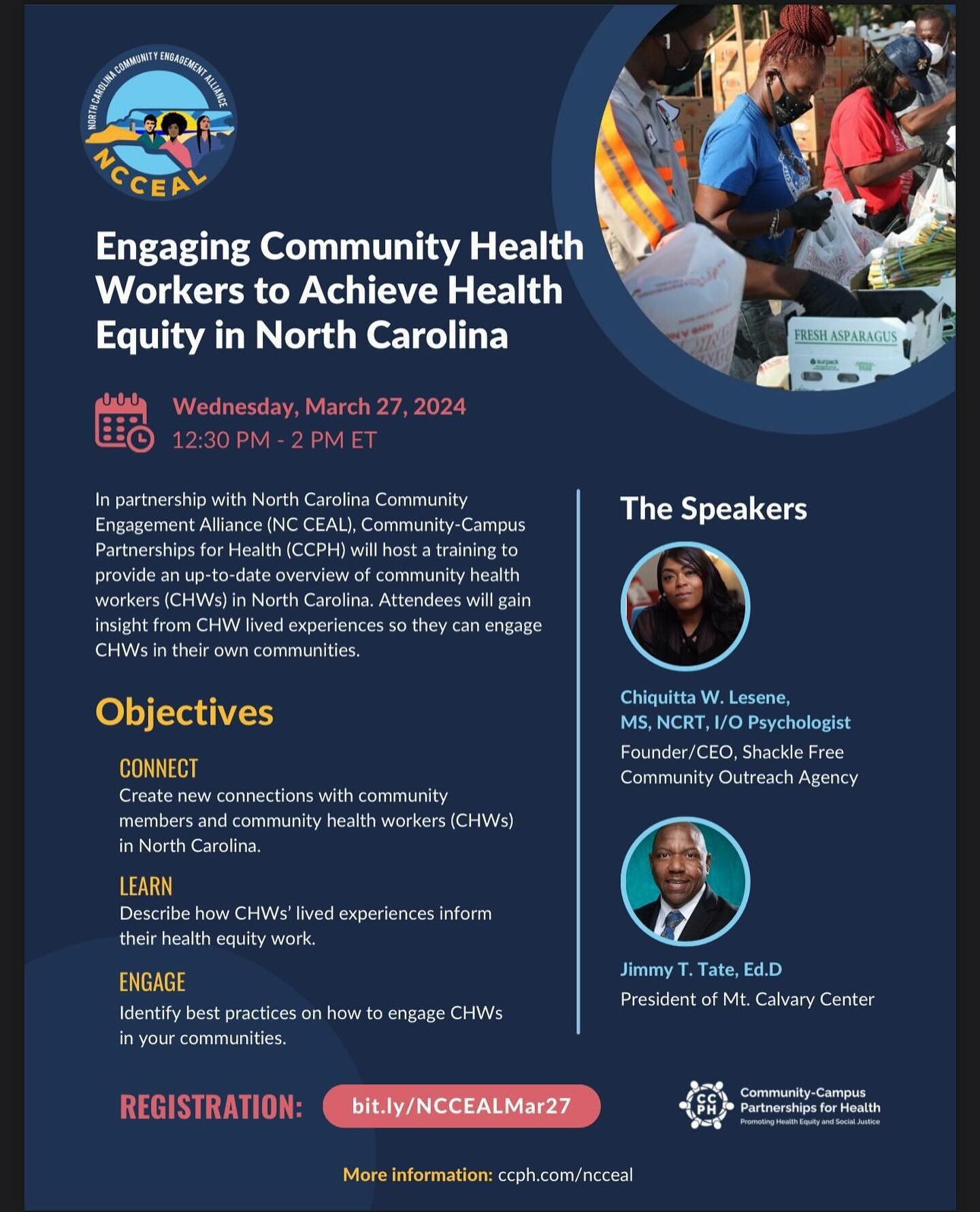 ✊🏽Join the movement for health equity: Engage with North Carolina&rsquo;s community health workers in a transformative workshop on March 27, 2024, featuring expert insights from Chiquitta W. Lesene and Jimmy T. Tate, Ed.D. Connect, learn, and engage