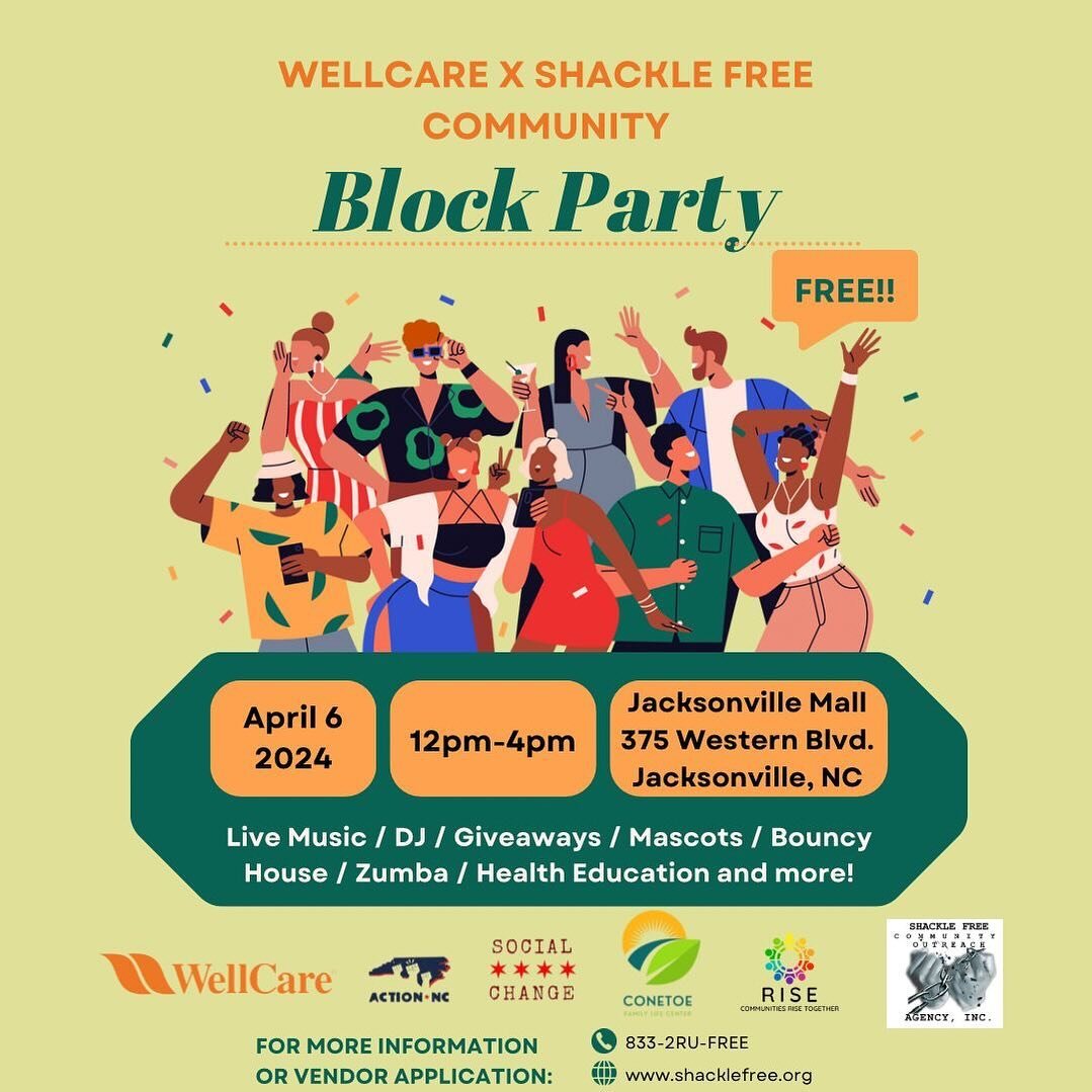🎊Join us 4/6 for a day of fun, fitness, and community spirit at the WellCare x Shackle Free Community Block Party! 

🎊 It&rsquo;s a celebration with live music, a DJ, giveaways, and activities for all ages. Don&rsquo;t miss out on the excitement at