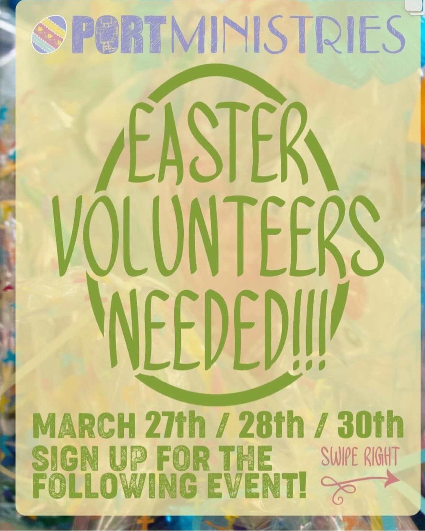 Volunteers needed for @portministries upcoming events: 

Volunteer Opportunities Include:
* Egg Boiling and Dyeing: Set up and assist with egg decorating stations.
* Lunch Service: Help serve lunch to kids participating in the activities.
* Photograp